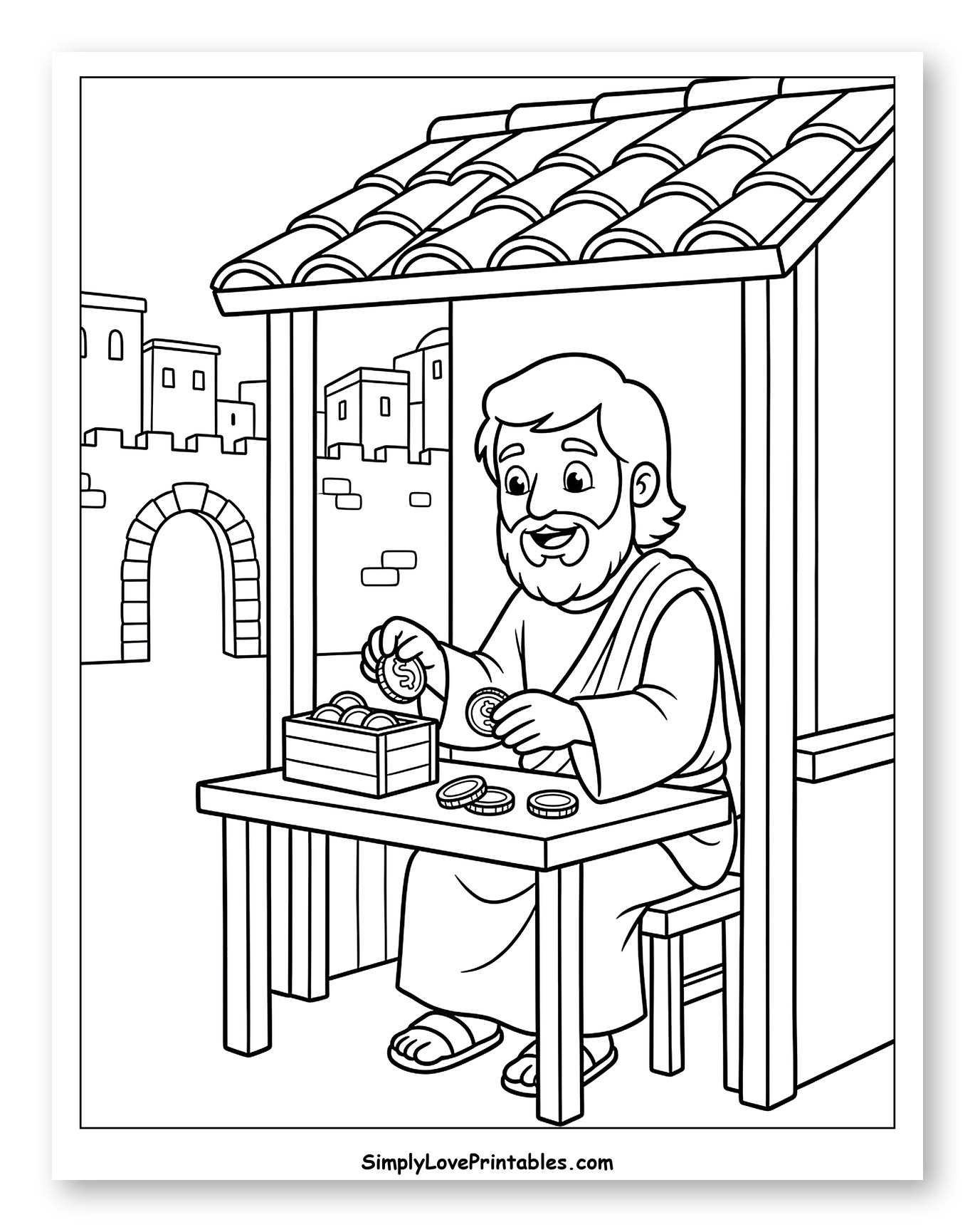 Bearded Man Counting Coins at Market Stall to Color for Kids