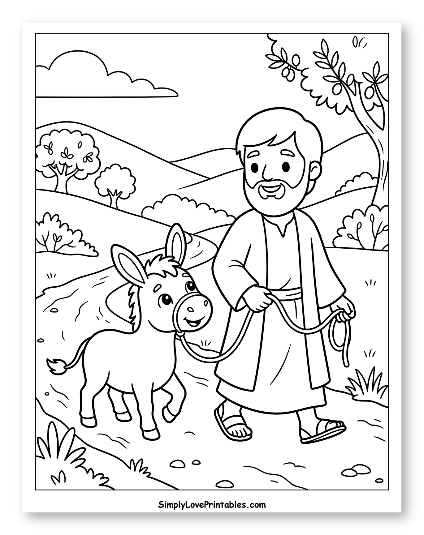 Bearded Man Leads Donkey Through Hills Coloring Page for Kids