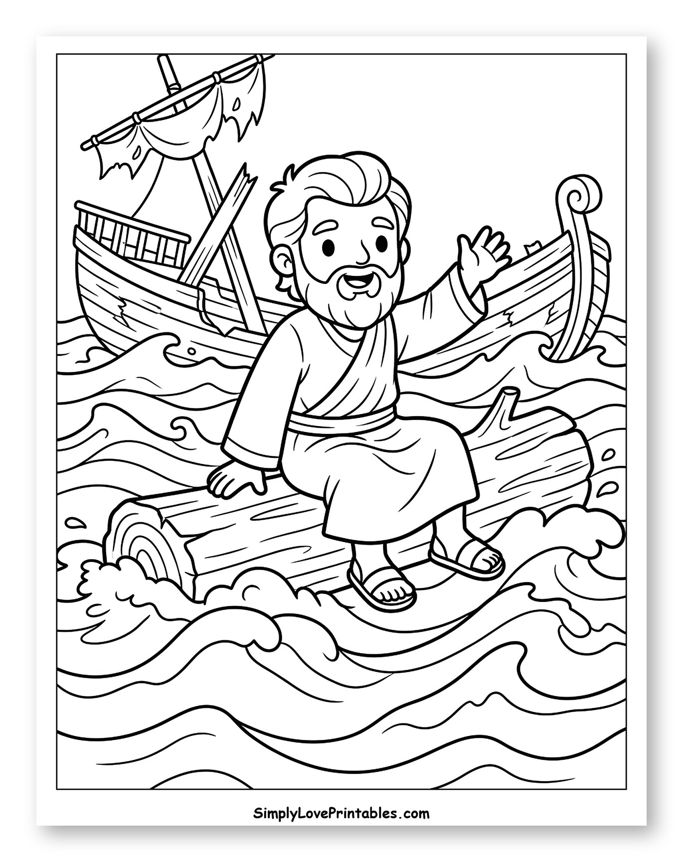 Bearded Man on Log Amidst Shipwreck Waves Coloring Sheet for Kids