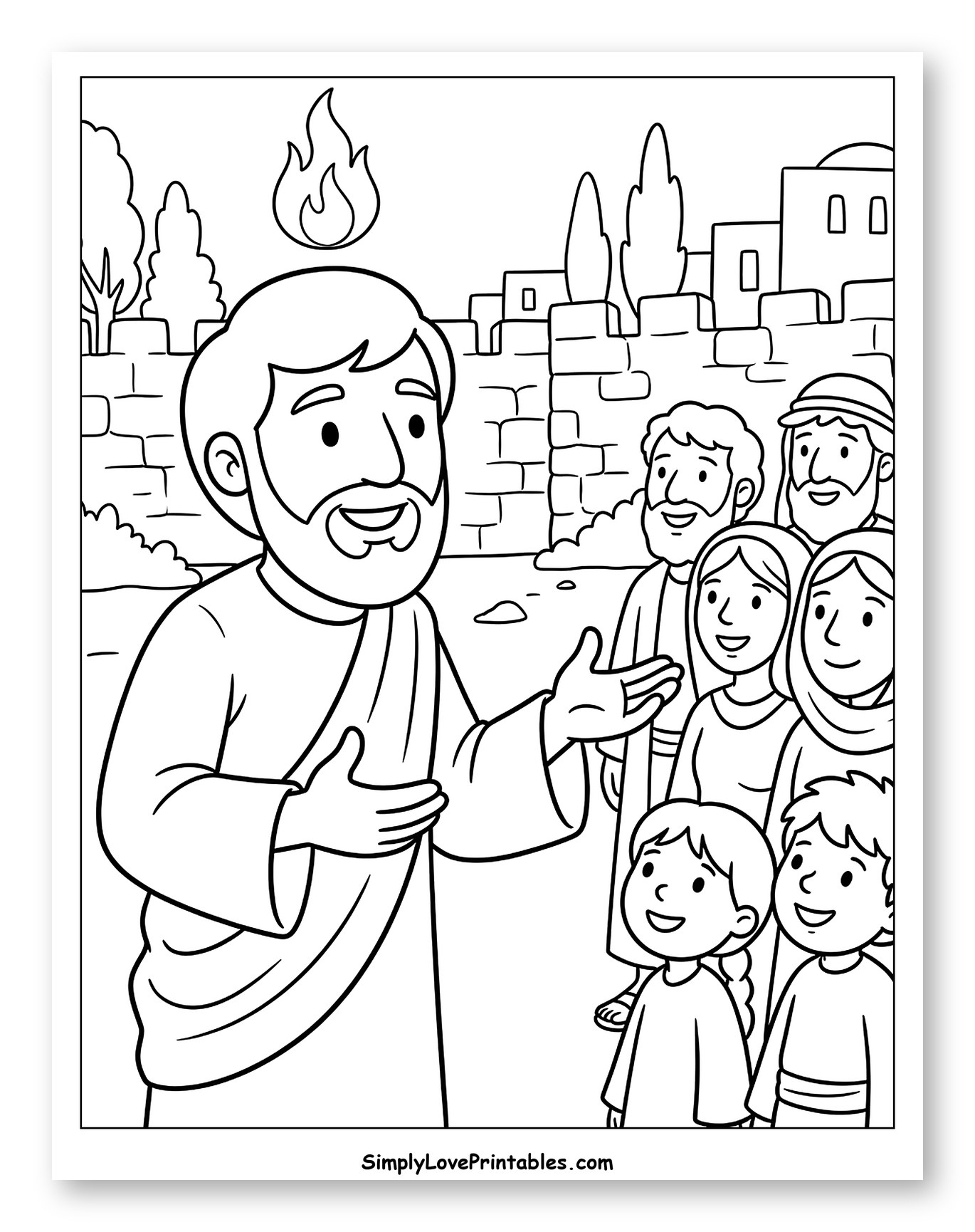 Bearded Man Preaching to a Crowd with Flame Coloring Sheet for Kids