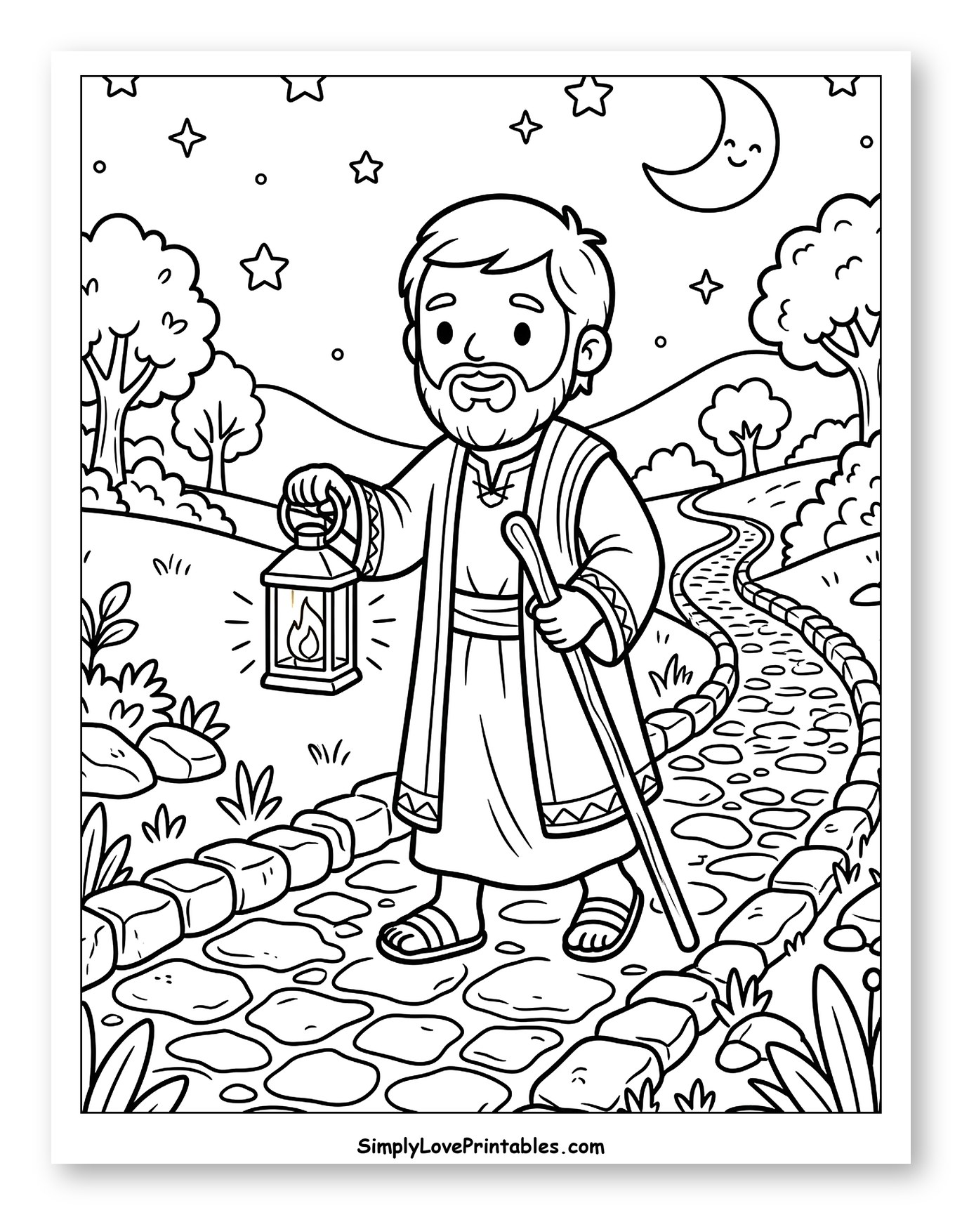 Bearded Man Walking with Lantern and Staff