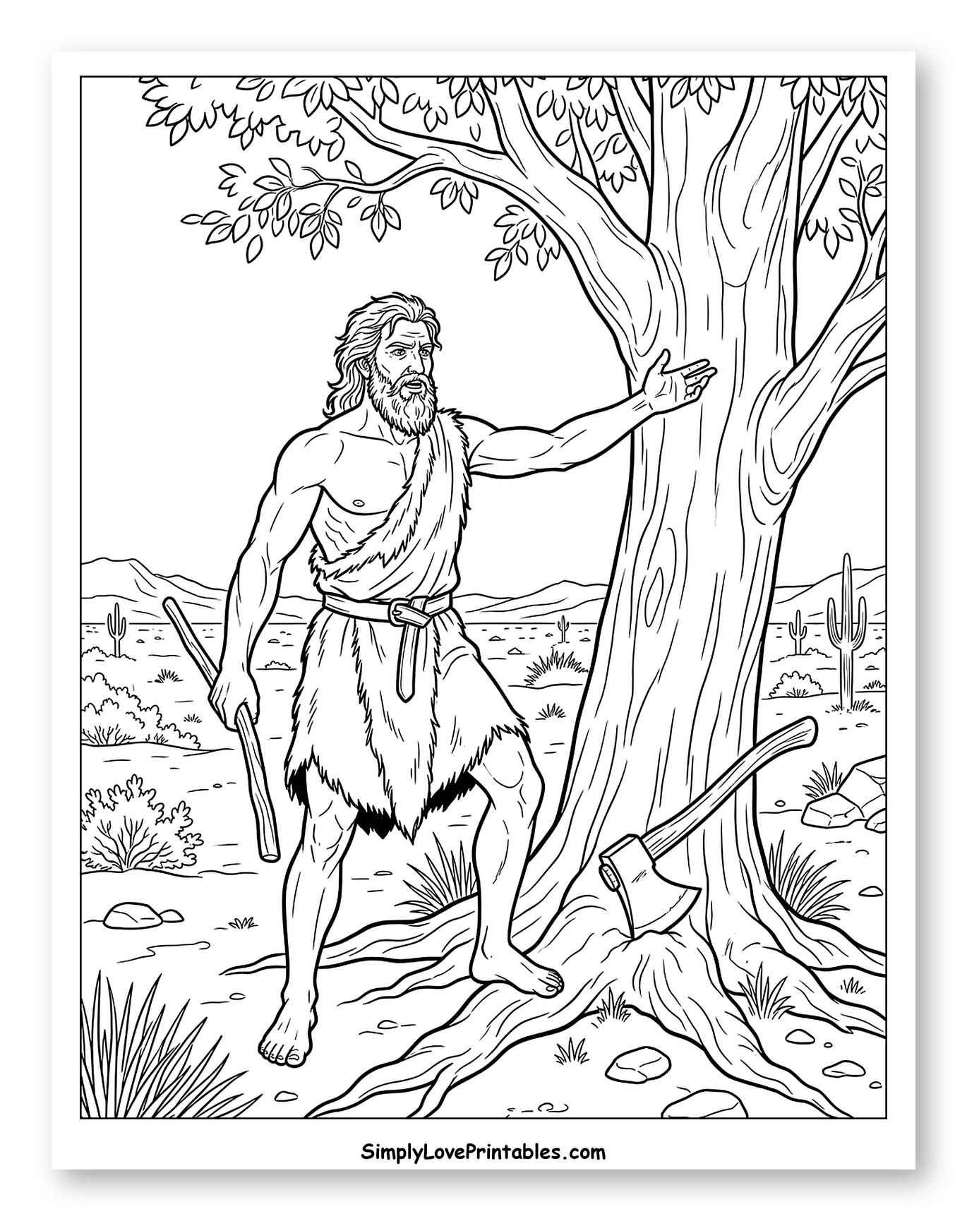 Bearded Man with Axe by Tree to Color