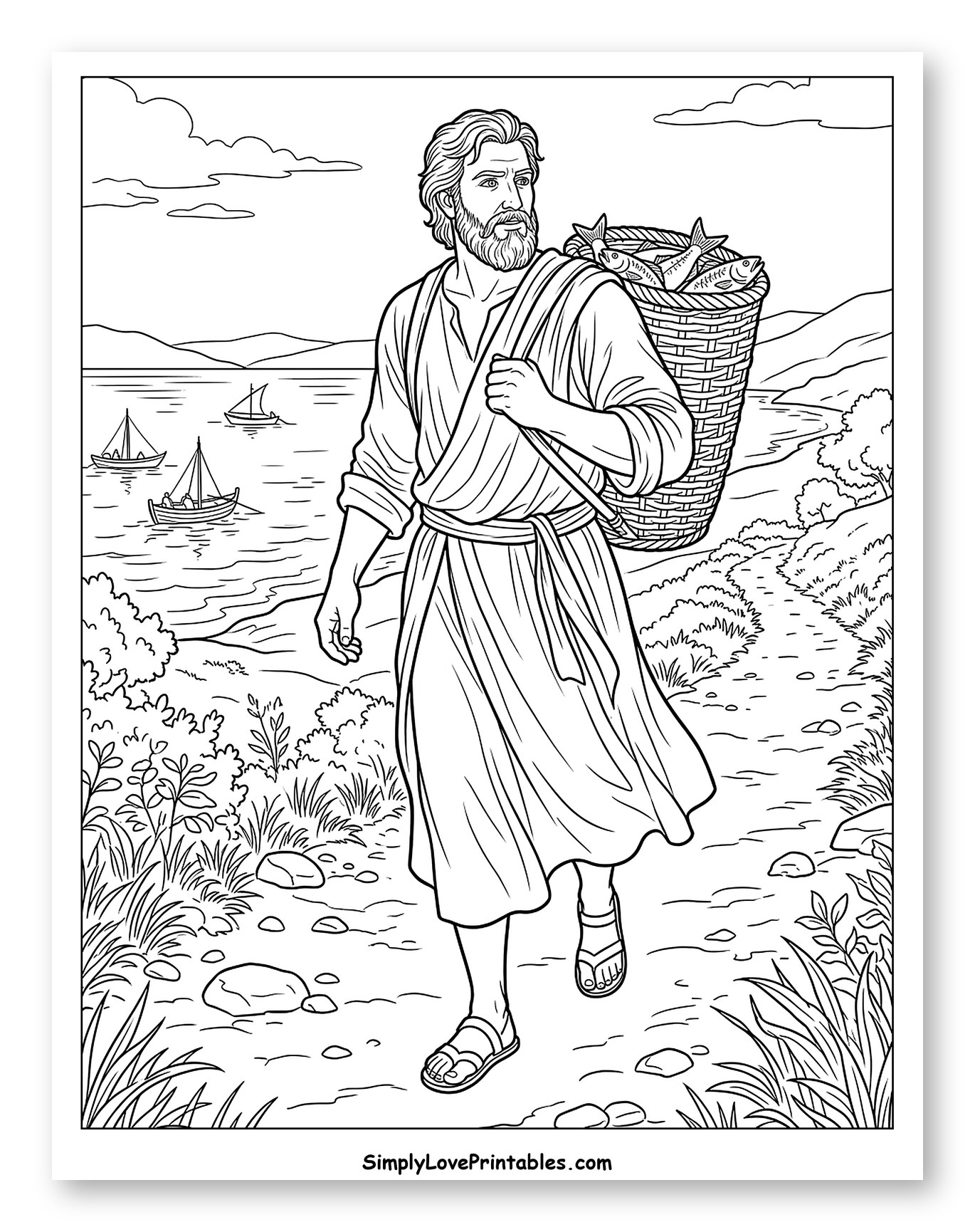 Bearded Man with Fish Basket Walking by Lake