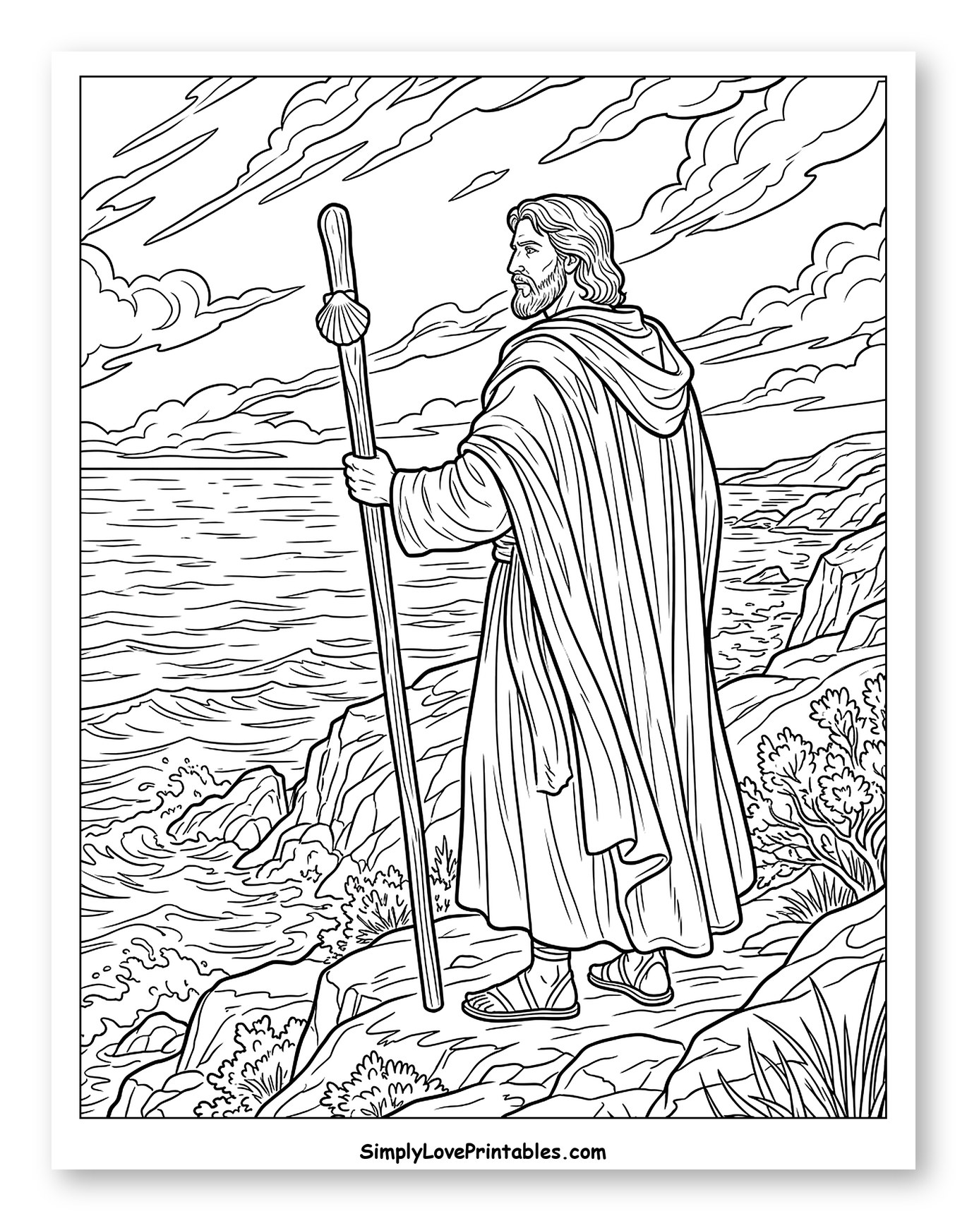 Bearded Man with Staff Overlooking the Sea to Color