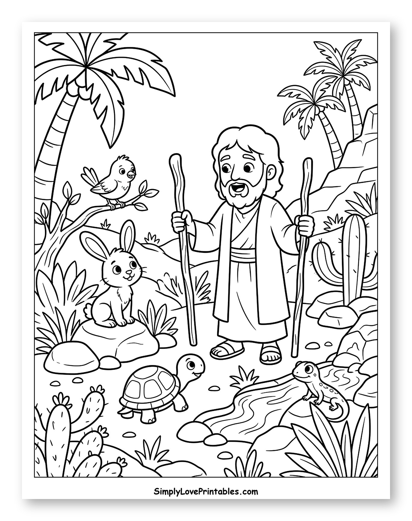 Bearded Man with Staffs and Desert Animals Coloring Page for Kids