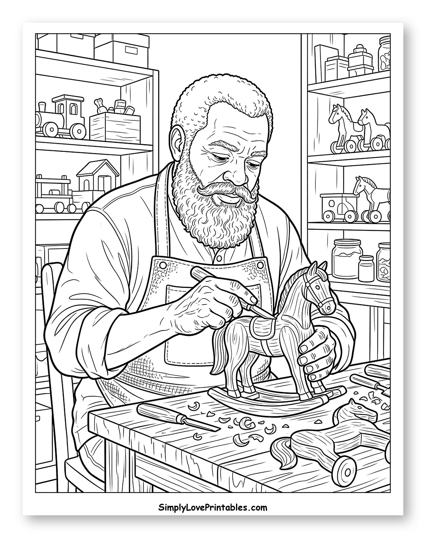Bearded Toymaker Carving a Wooden Rocking Horse Coloring Page