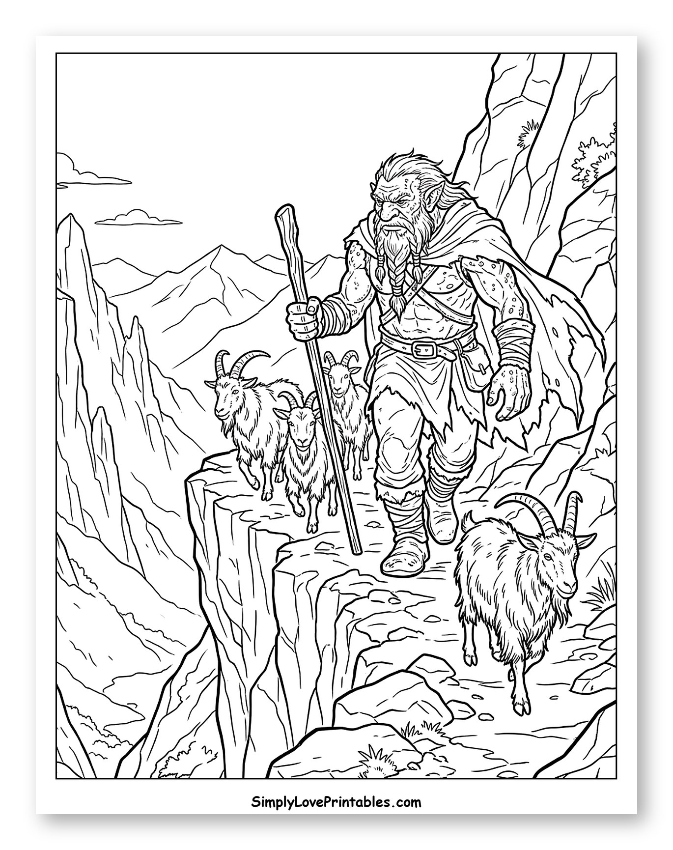 Bearded Troll Herding Goats on Mountain Path to Color