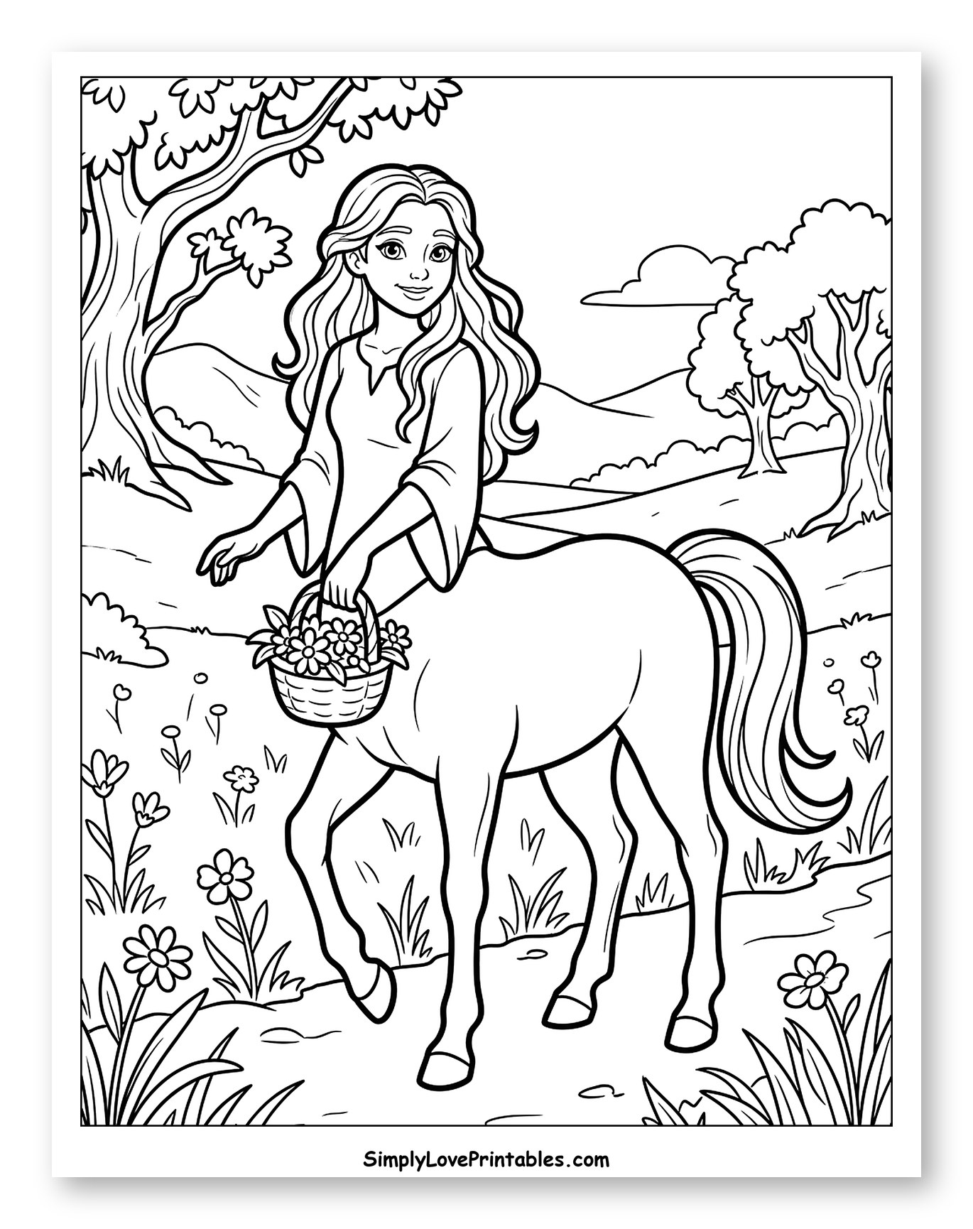 Beautiful Centaur Carrying Flowers Through Nature to Color for Toddlers