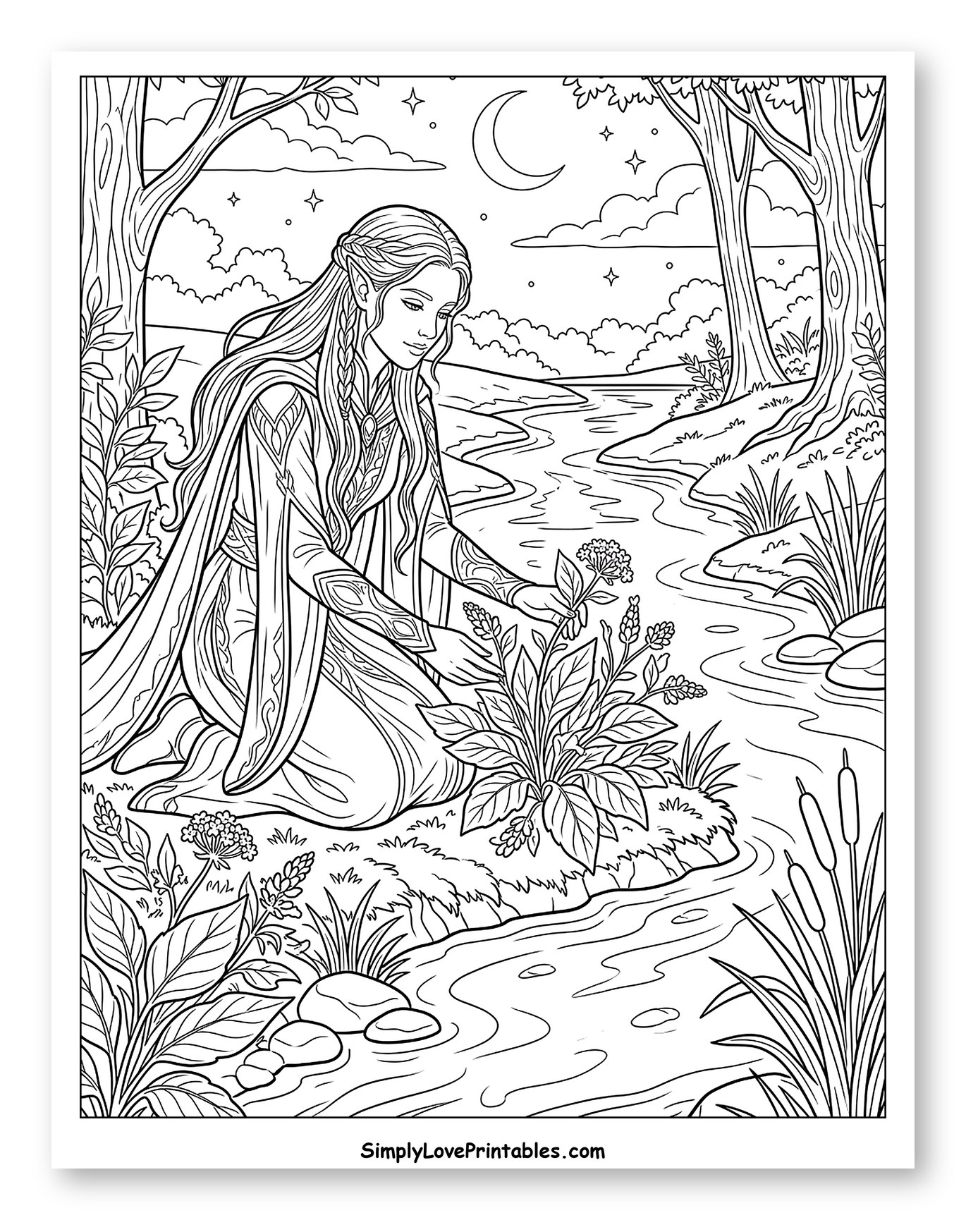 Beautiful Elf with Plants by a River