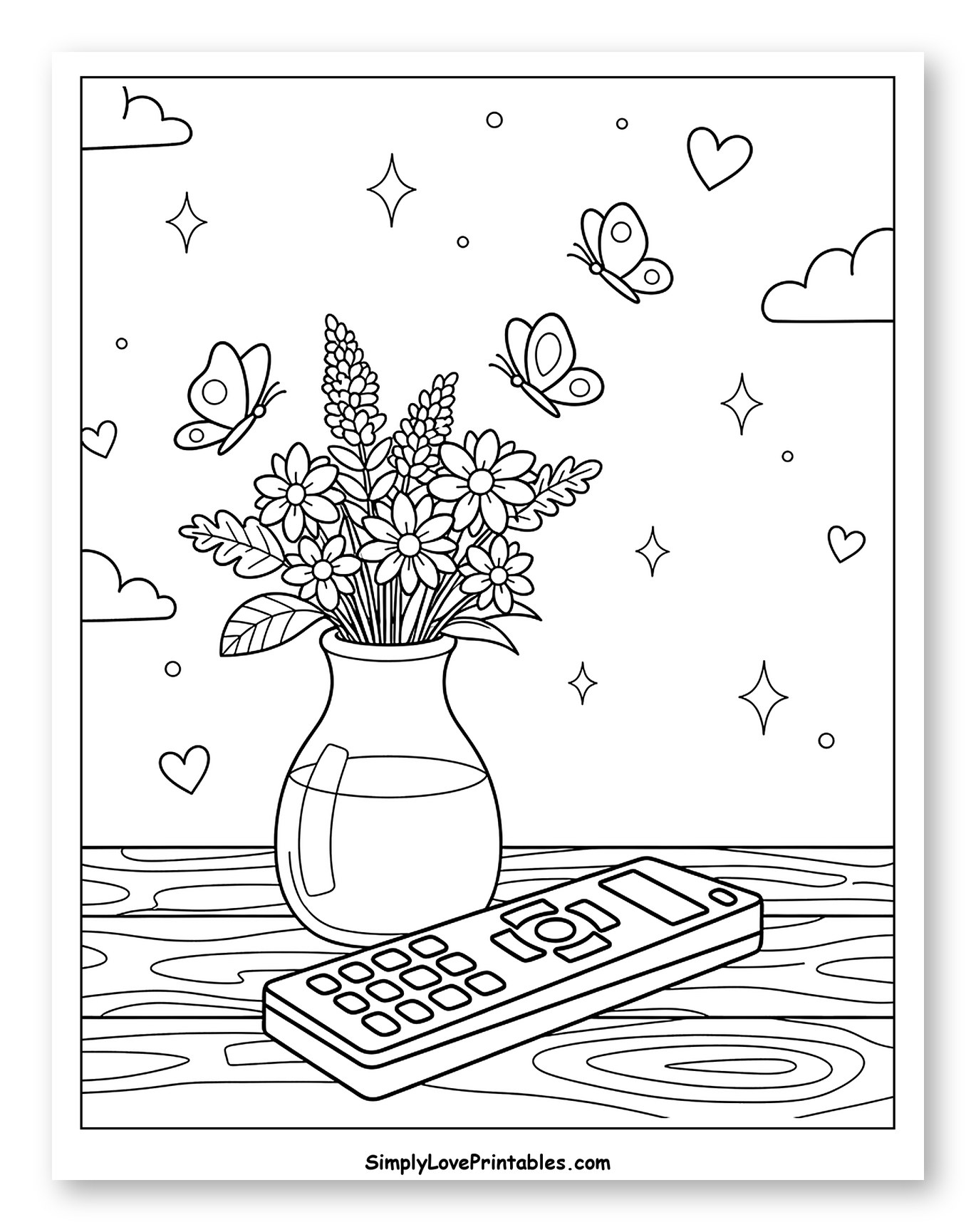 Beautiful Flowers, Butterflies, and Remote Control Coloring Sheet for Adults