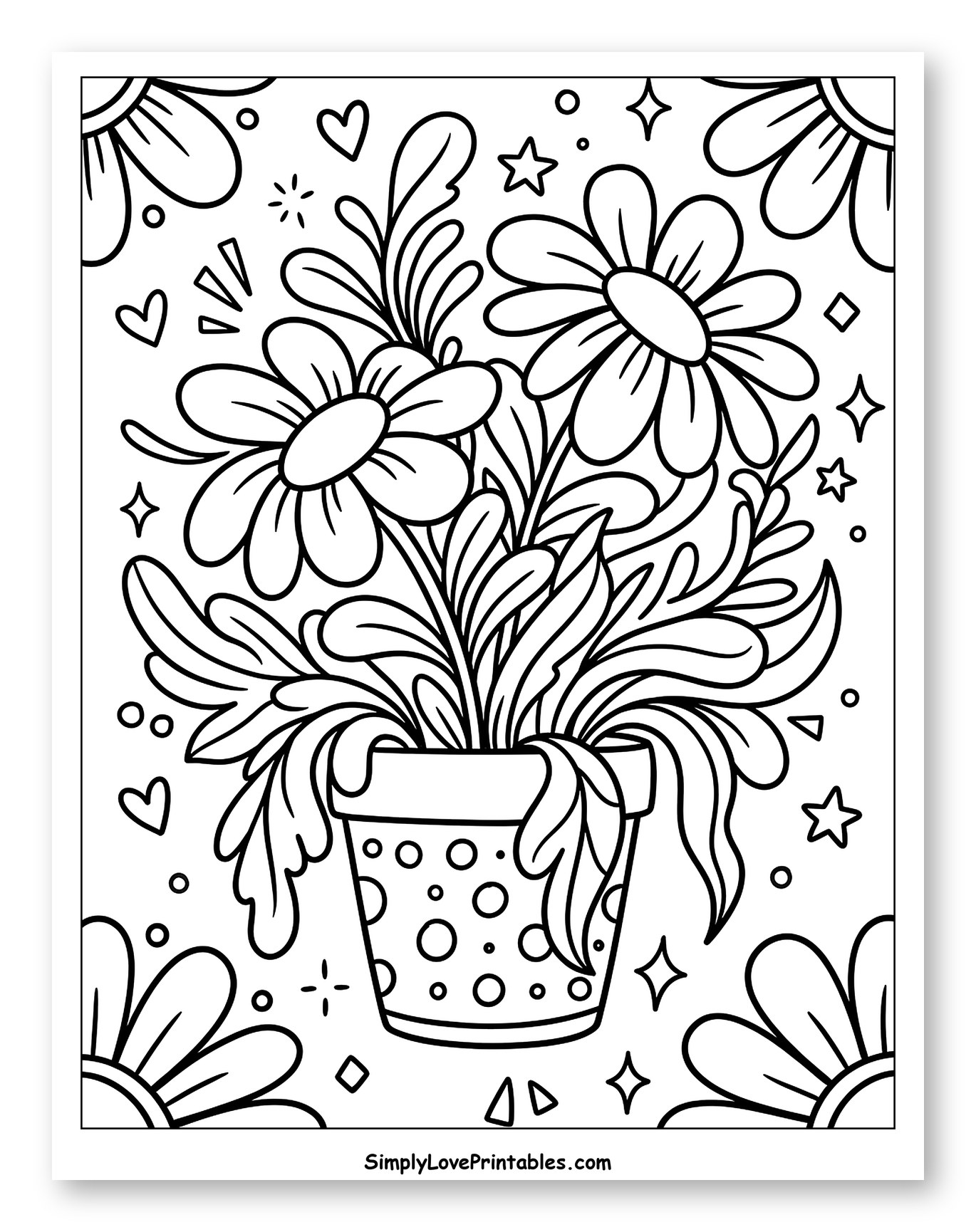 Beautiful Flowers in a Polka-Dot Pot to Color for Adults