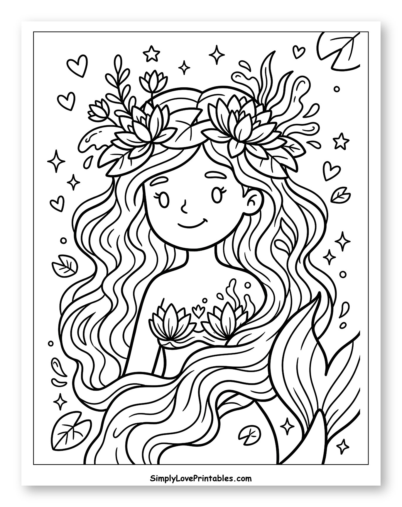 Beautiful Mermaid with Water Lily Crown to Color for Adults