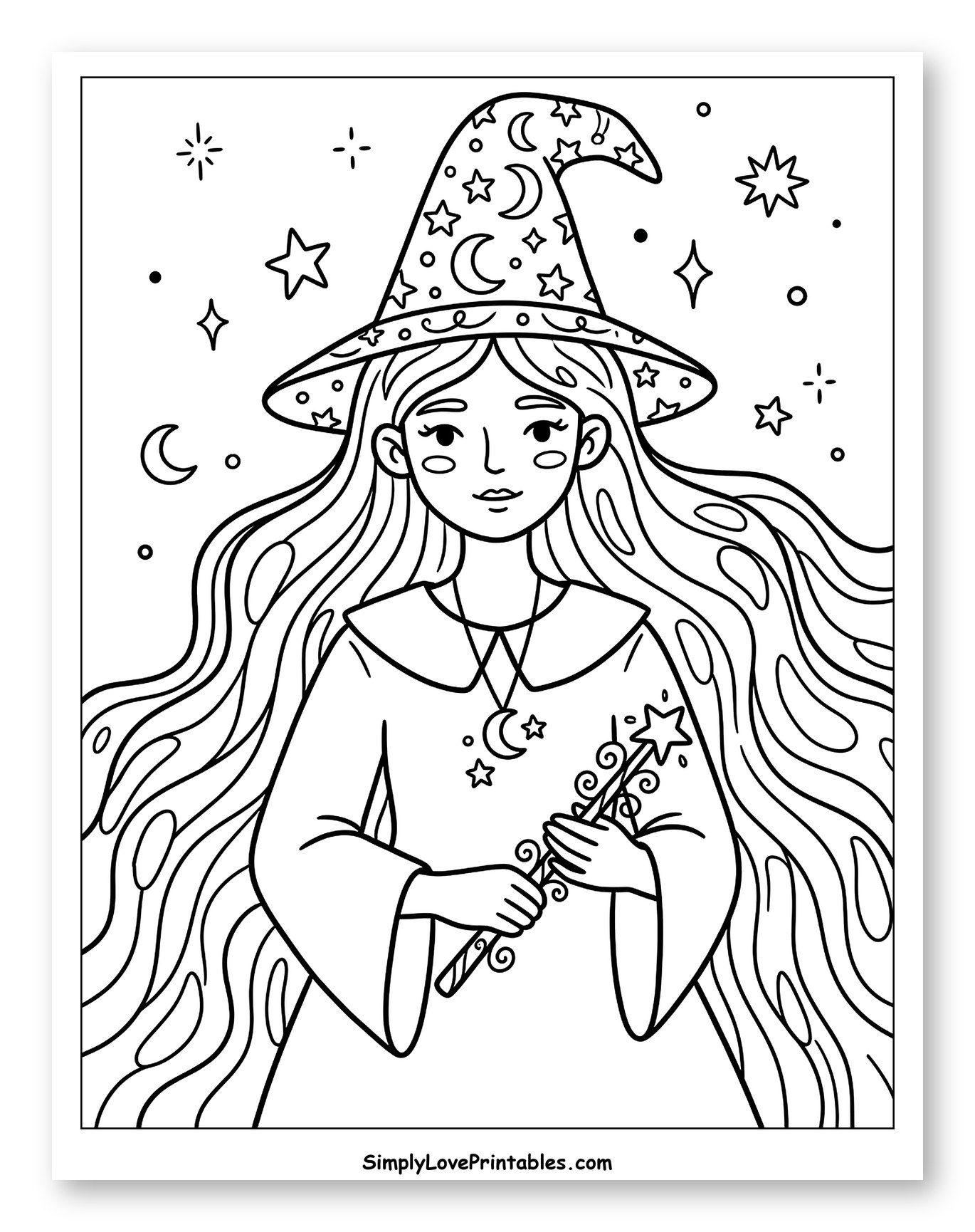 Beautiful Witch with Star Hat and Magic Wand