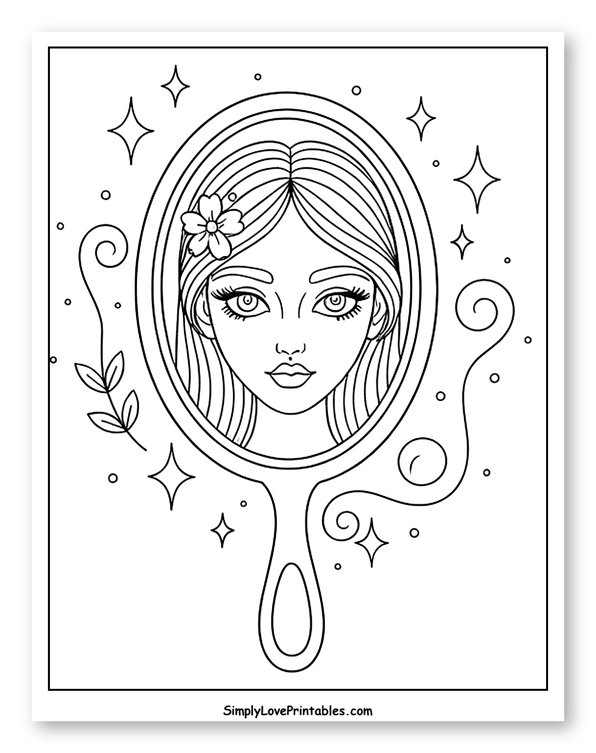 Beautiful Woman's Face in a Hand Mirror Coloring Page for Adults