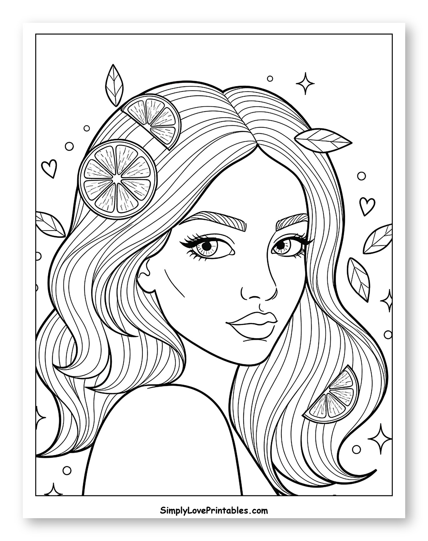Beautiful Woman with Citrus Slices in Hair Coloring Sheet for Adults