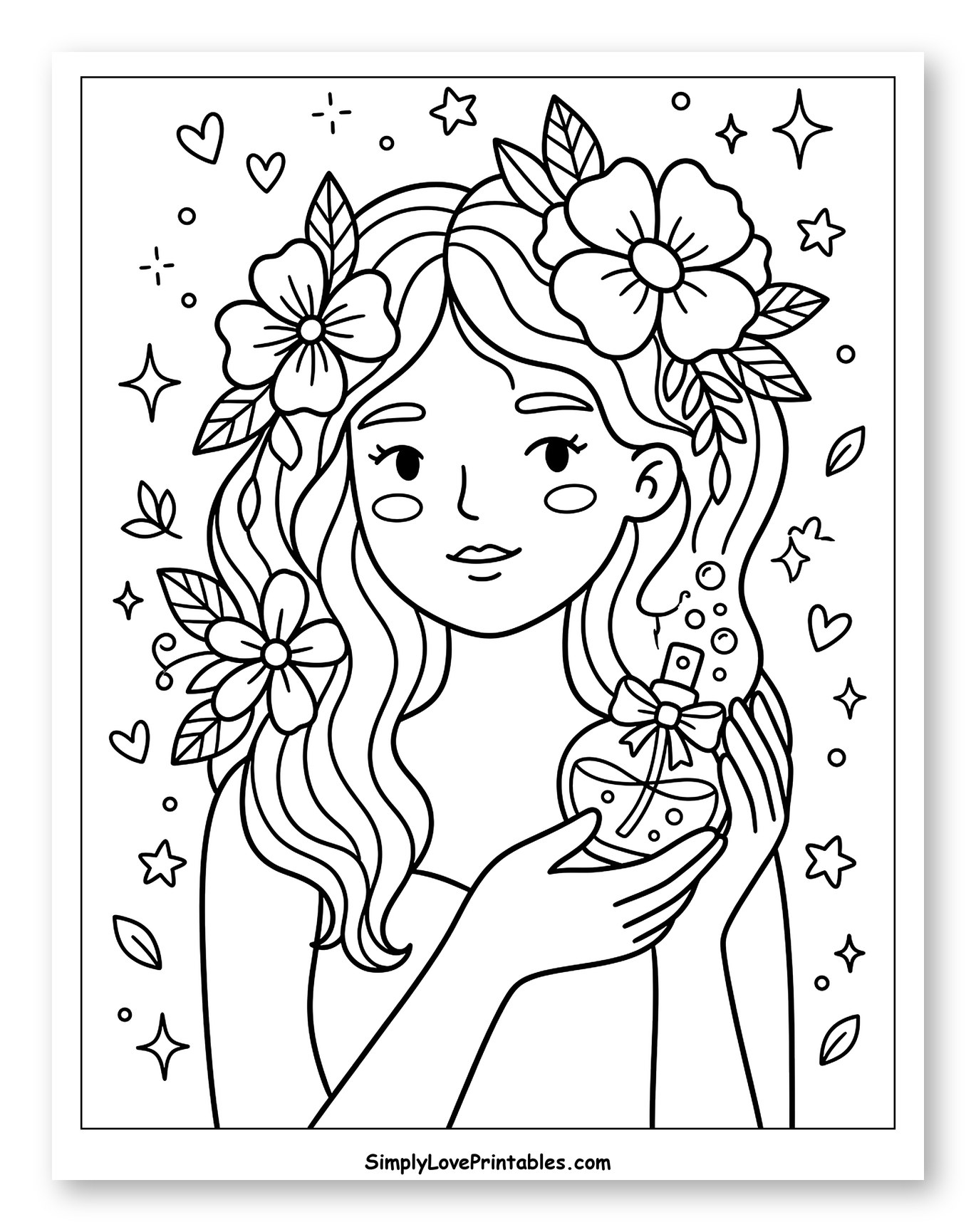Beautiful Woman with Floral Hair Holding Perfume