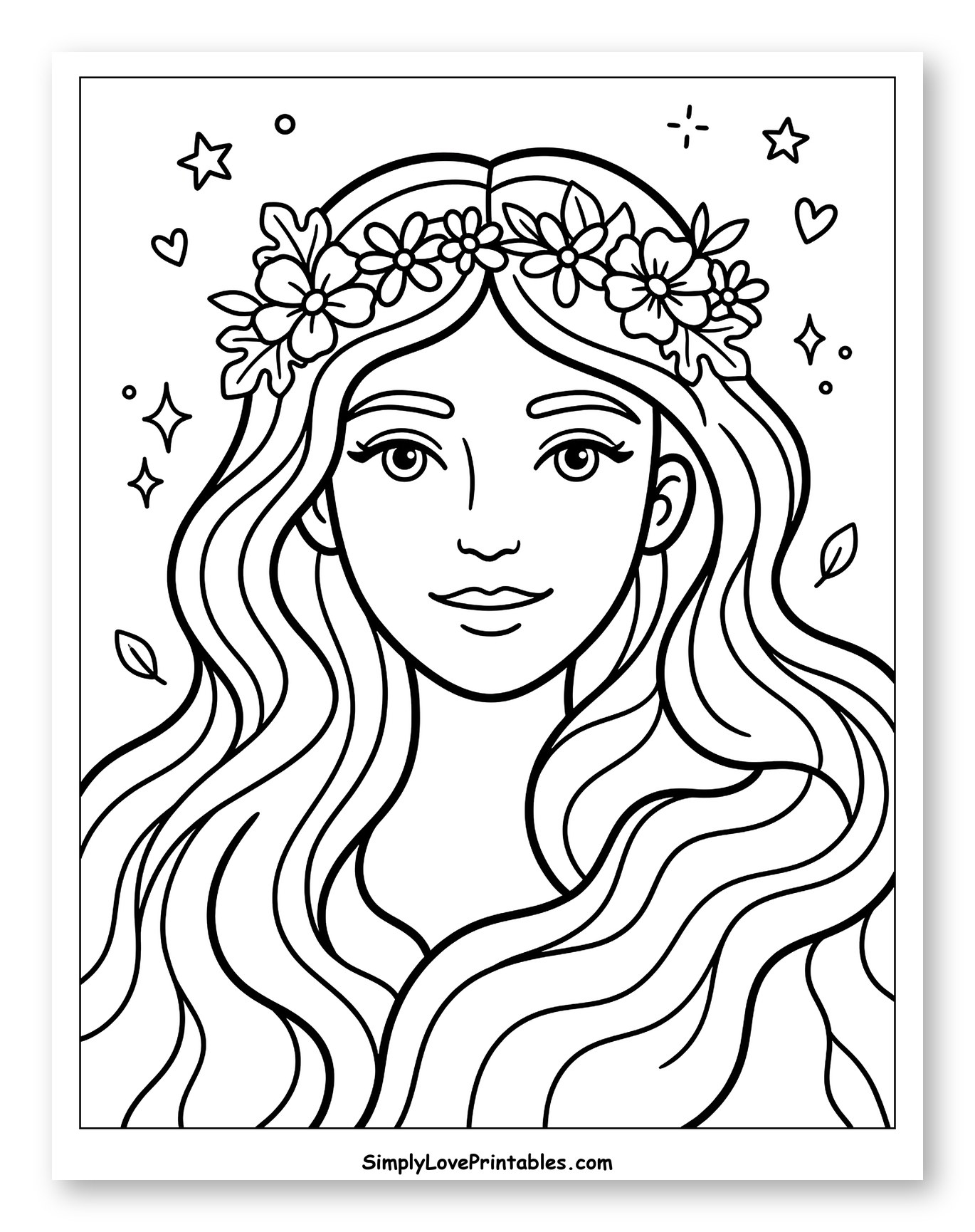Beautiful Woman with Long Hair and Flower Crown Coloring Sheet for Adults