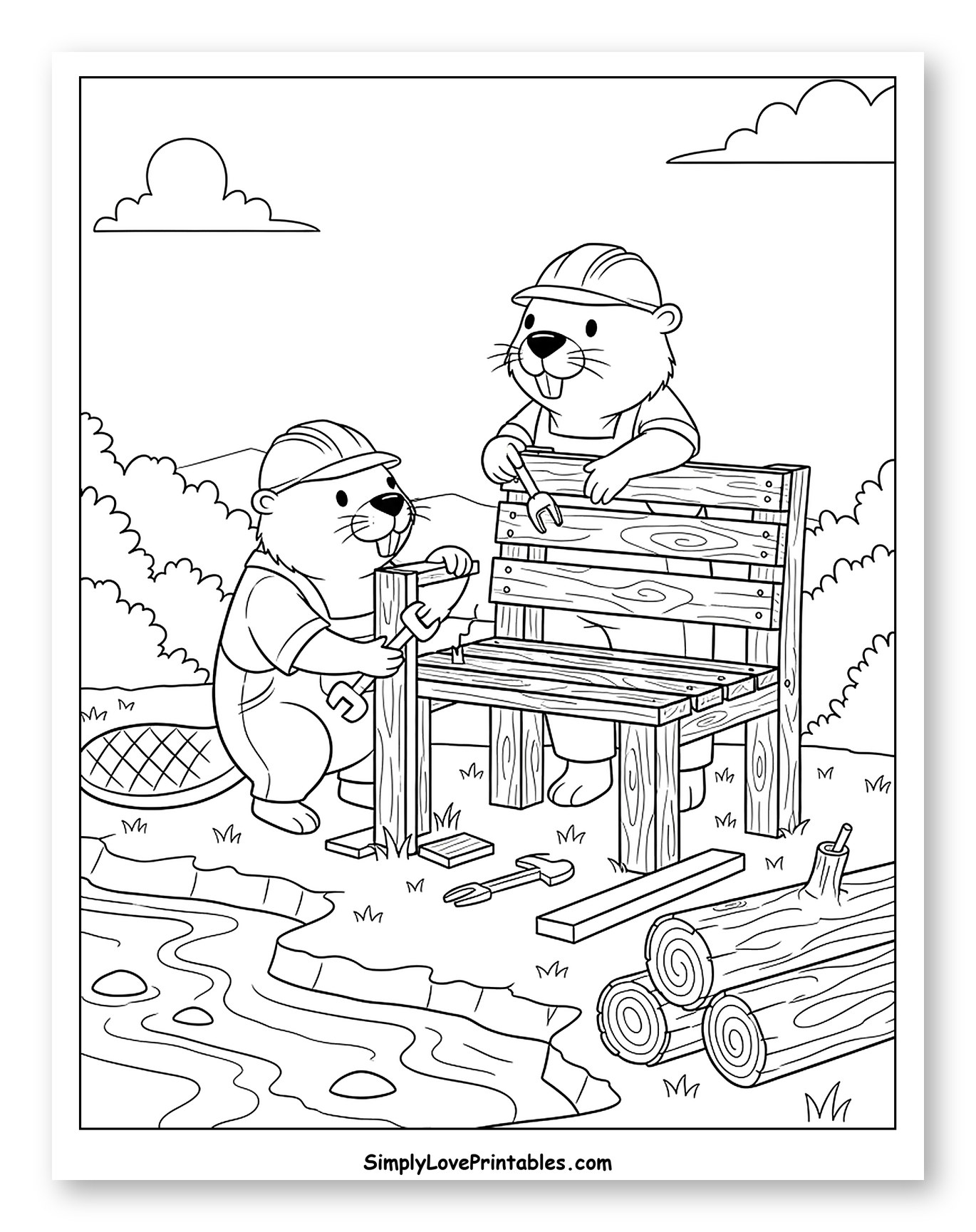 Beavers Building a Wooden Bench by River