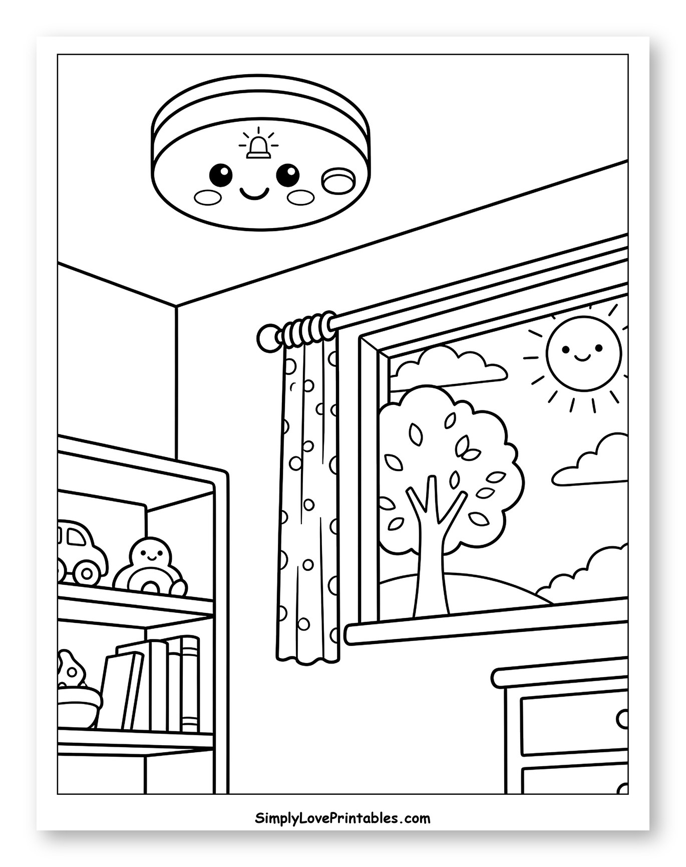 Bedroom Scene with Happy Smoke Detector and Window