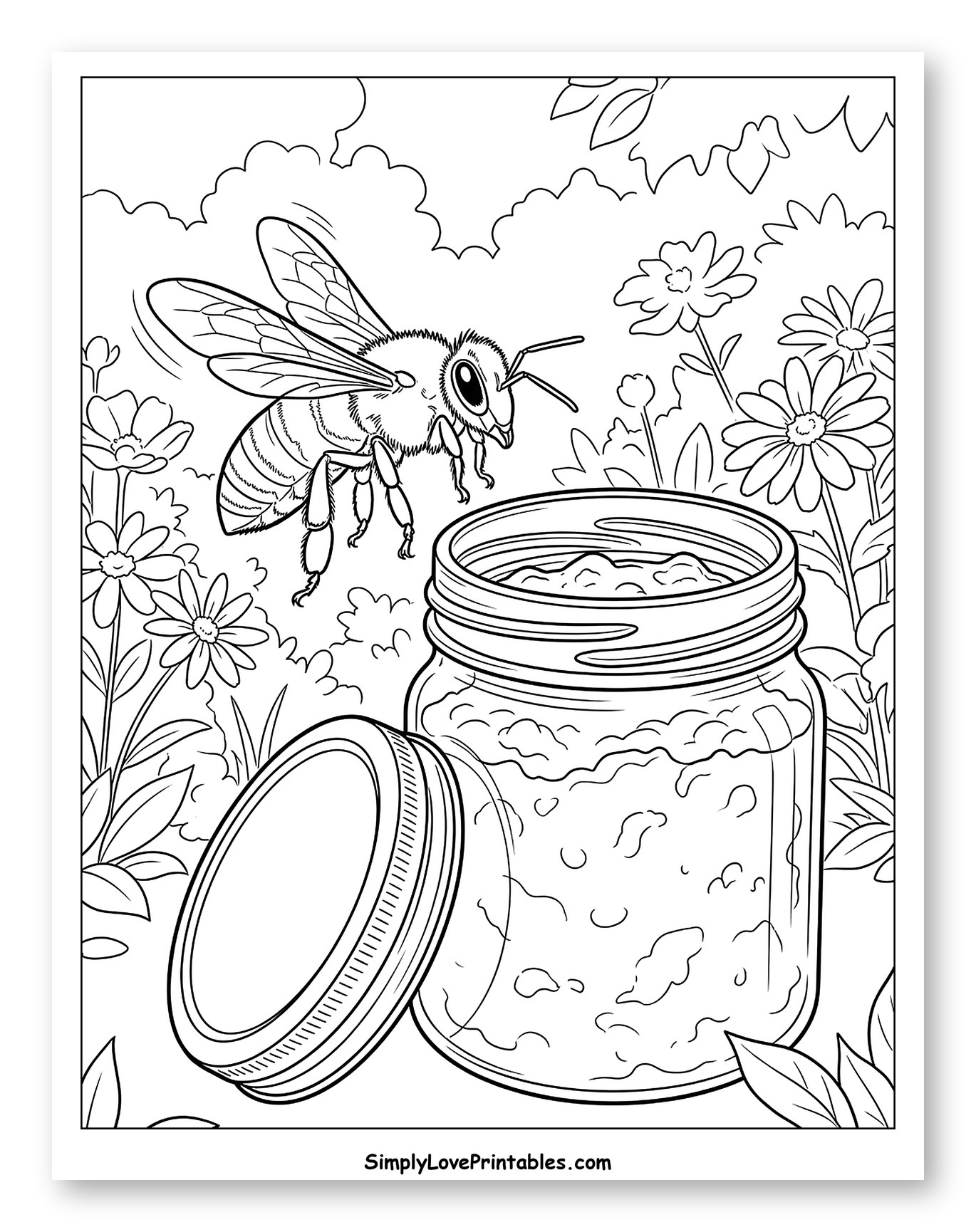 Bee Flying Over Open Jar of Jam to Color