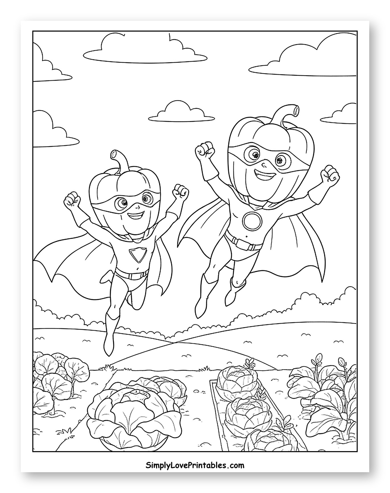 Bell Pepper Superheroes Flying Over a Farm