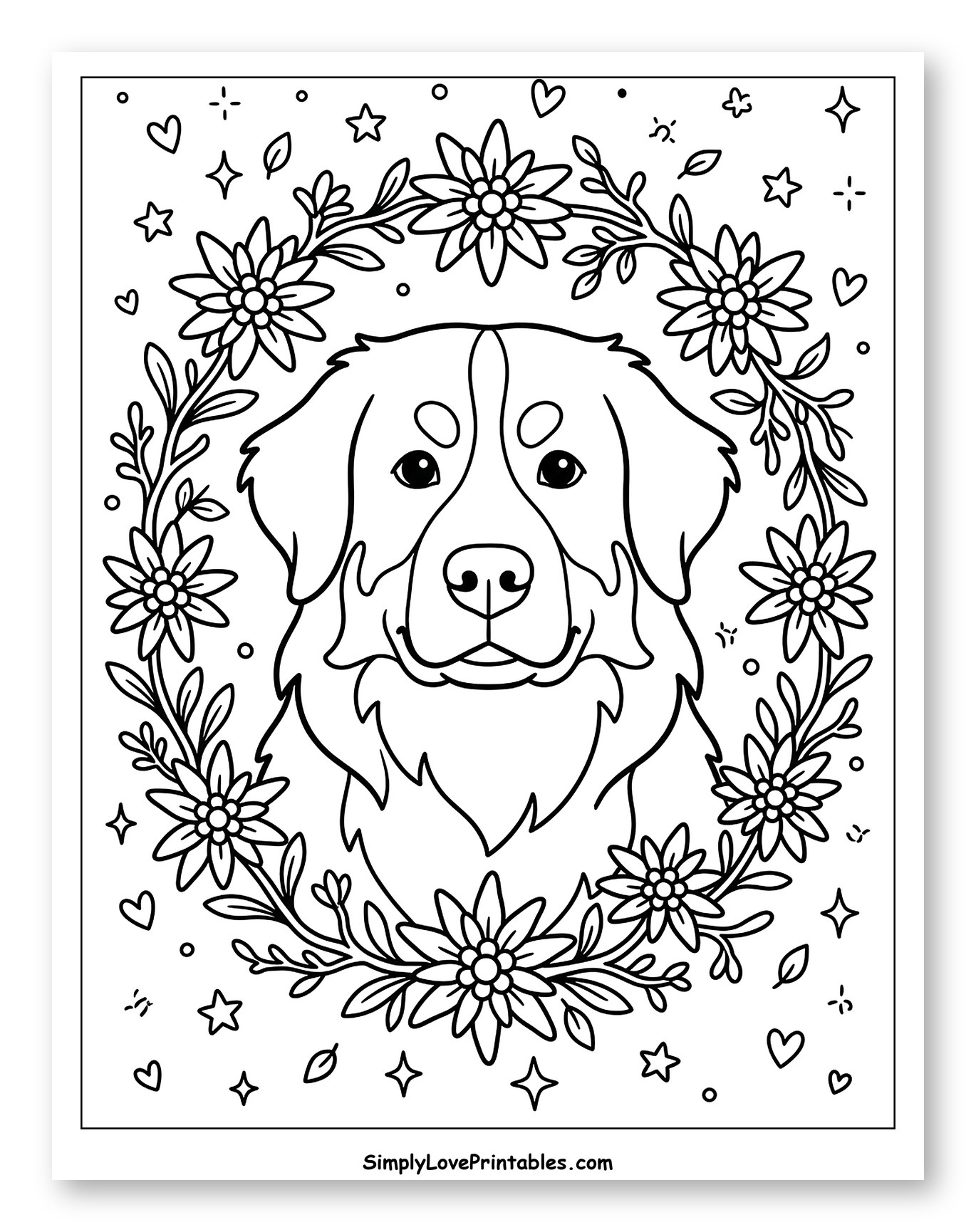 Bernese Mountain Dog in a Floral Wreath to Color for Adults