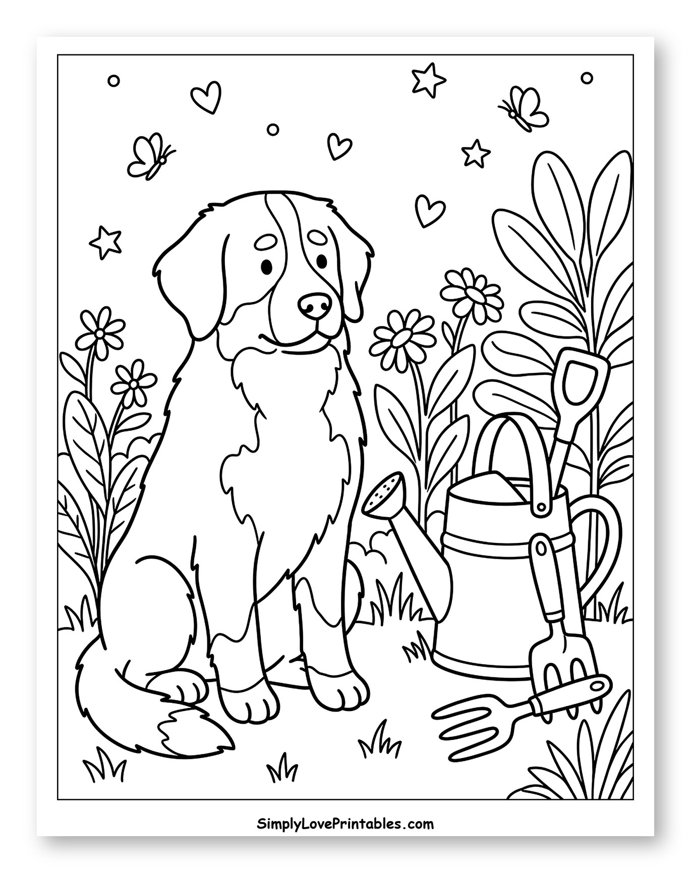Bernese Mountain Dog in a Garden Scene Coloring Sheet for Adults