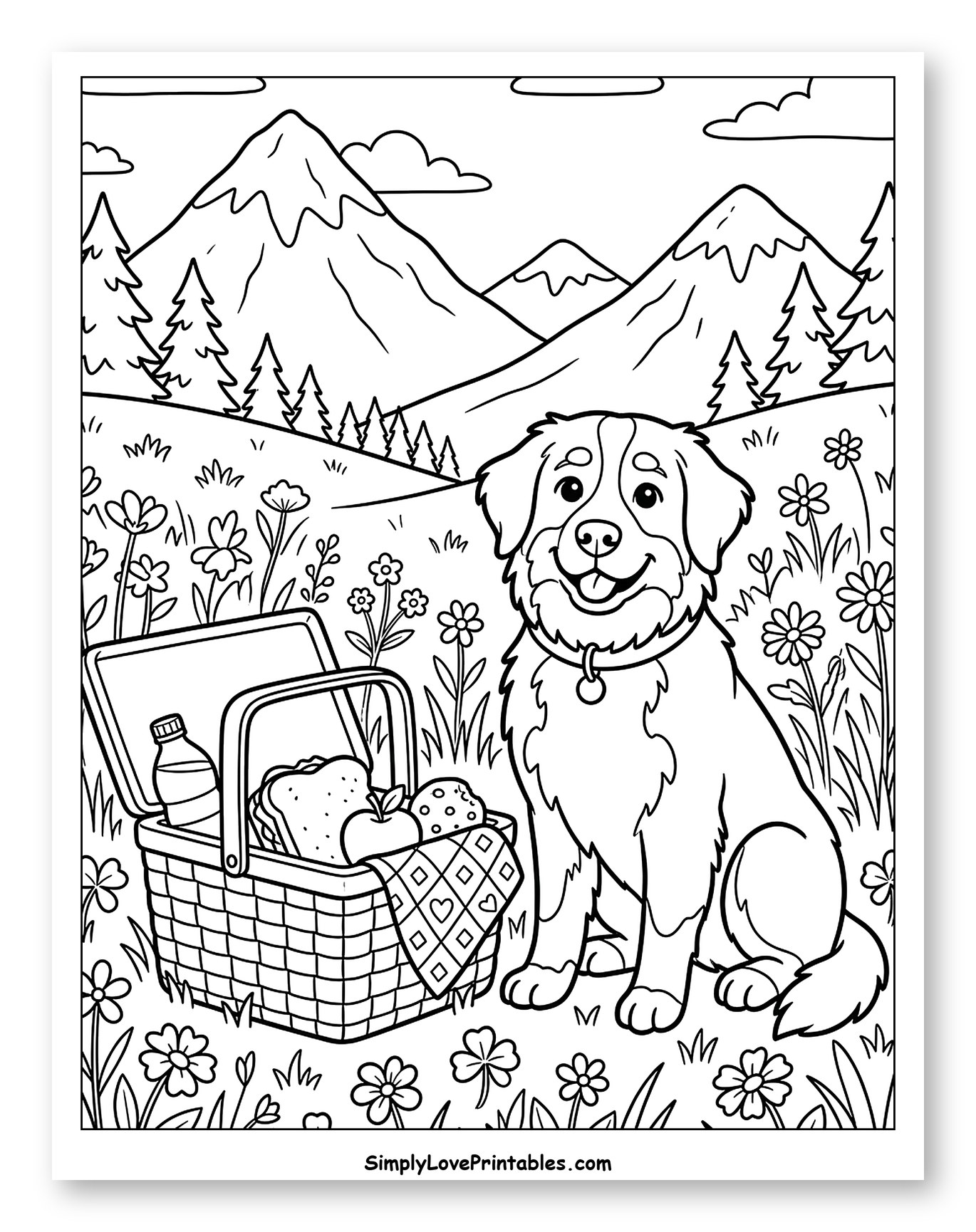 Bernese Mountain Dog Picnic in Mountain Meadow to Color for Kids