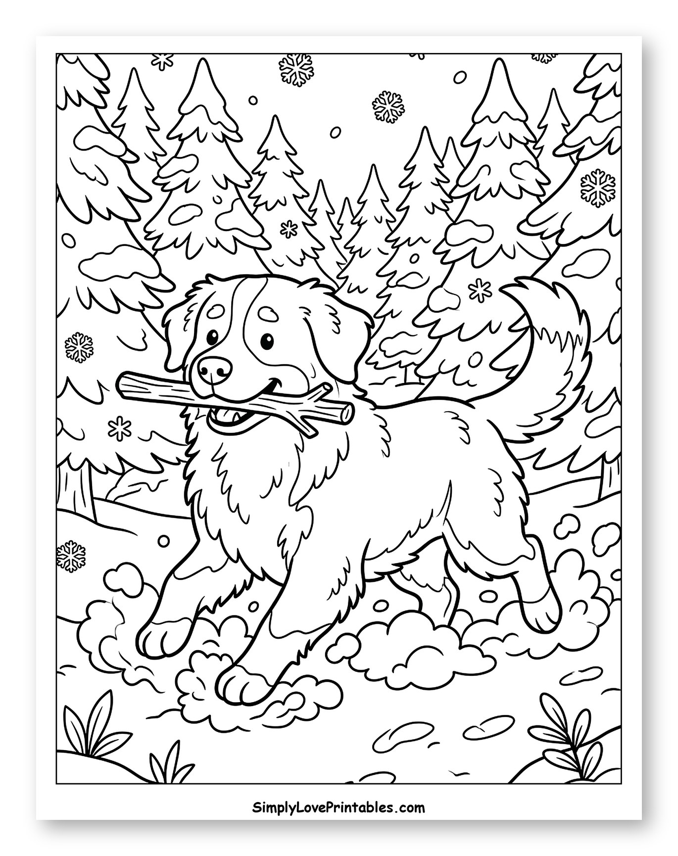 Bernese Mountain Dog Playing in Winter Snow Coloring Sheet for Kids