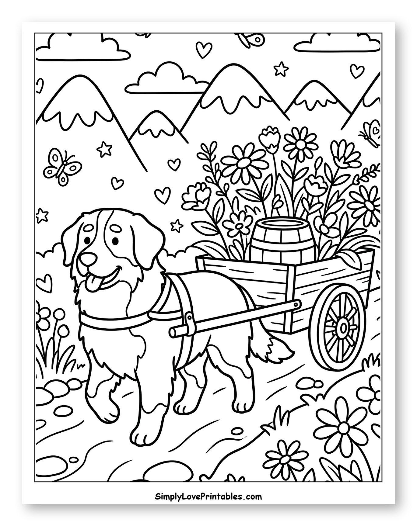 Bernese Mountain Dog Pulling Flower Cart in Mountains Coloring Page for Adults