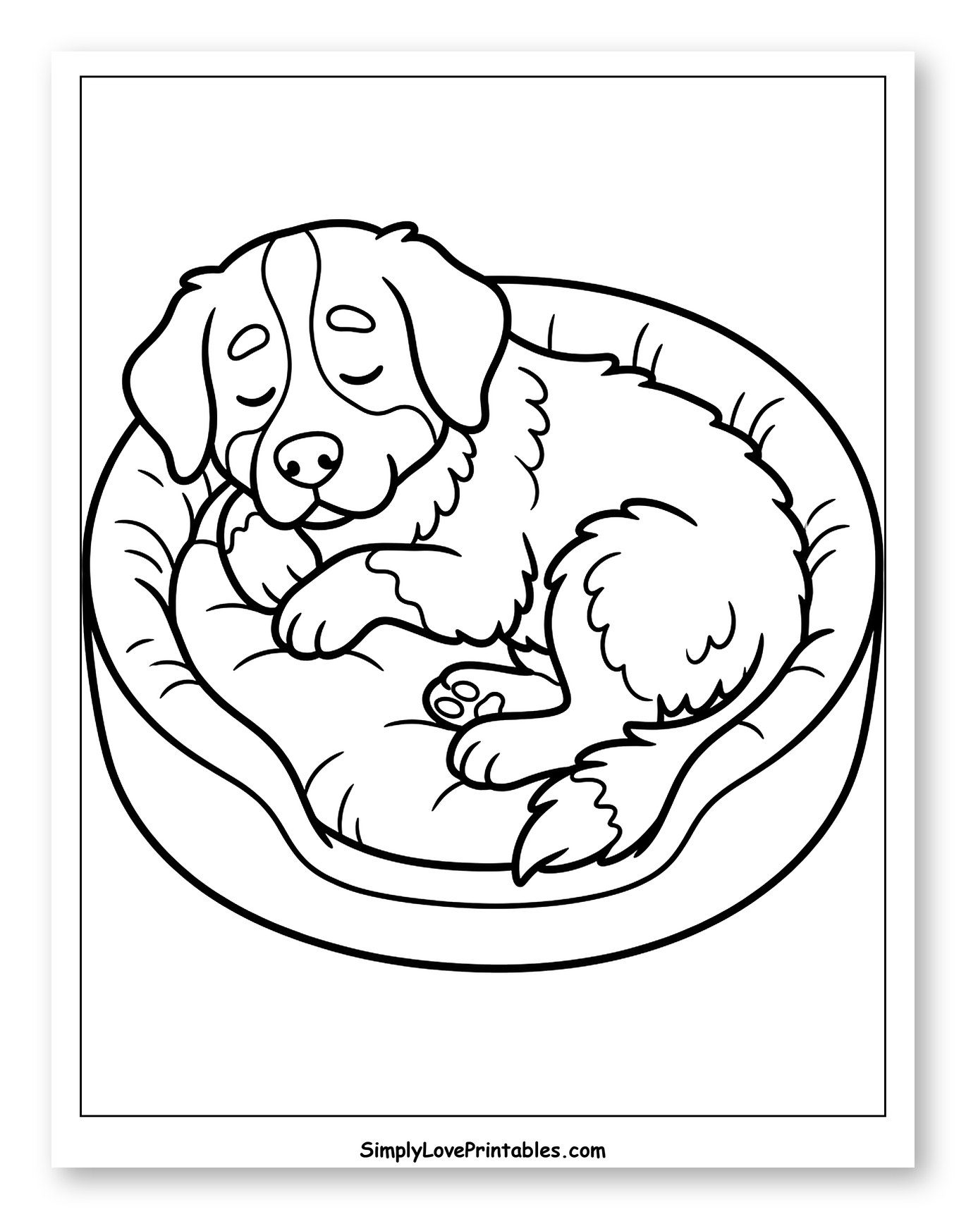 Bernese Mountain Dog Puppy Sleeping in Bed Coloring Page for Toddlers