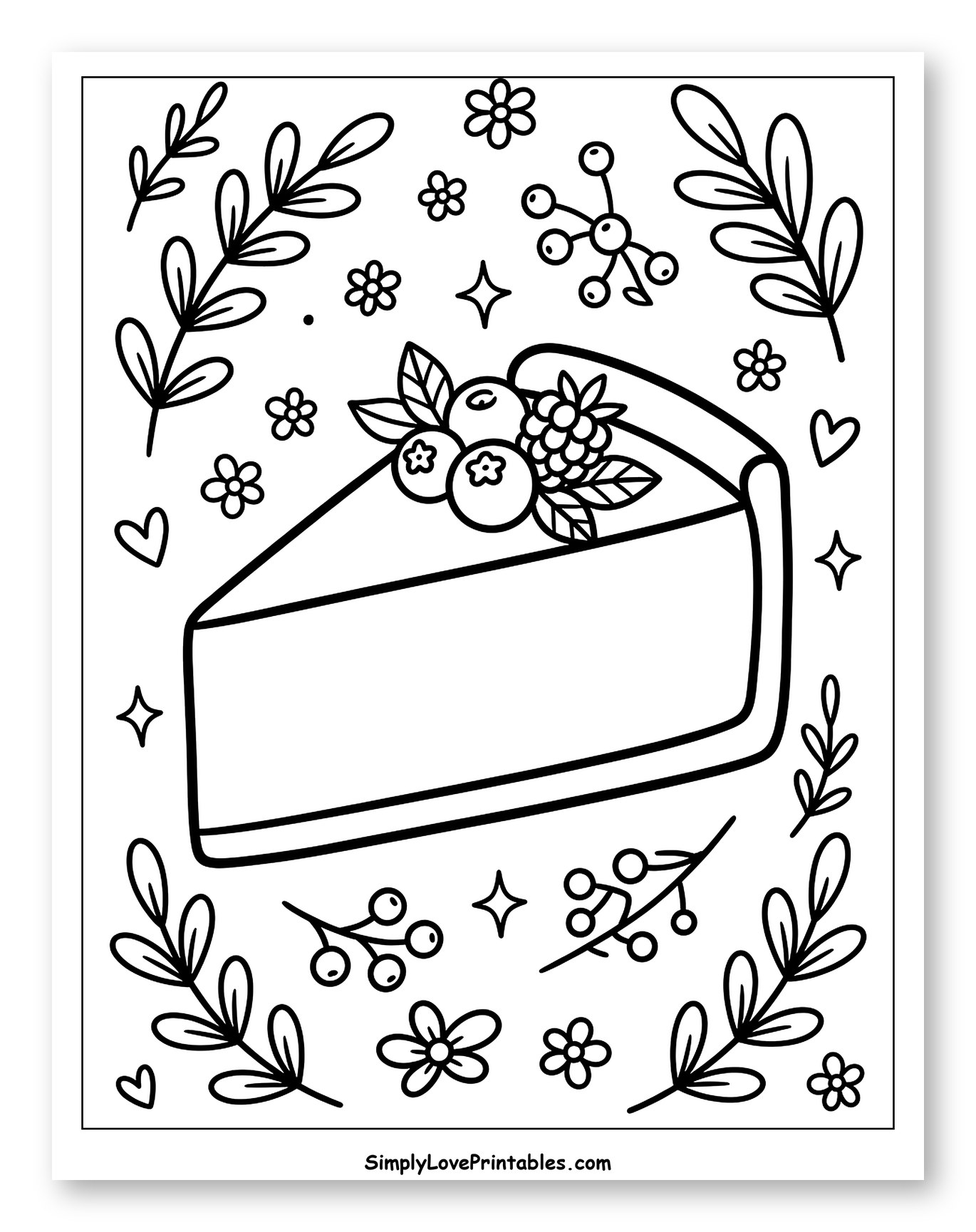 Berry Cheesecake Slice with Leaves and Flowers Coloring Sheet for Adults