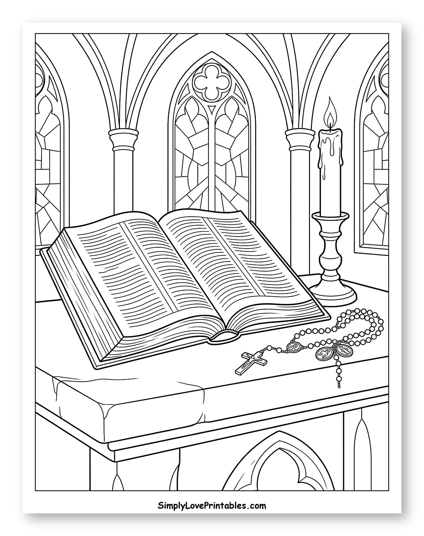 Bible, Rosary, and Candle on Altar
