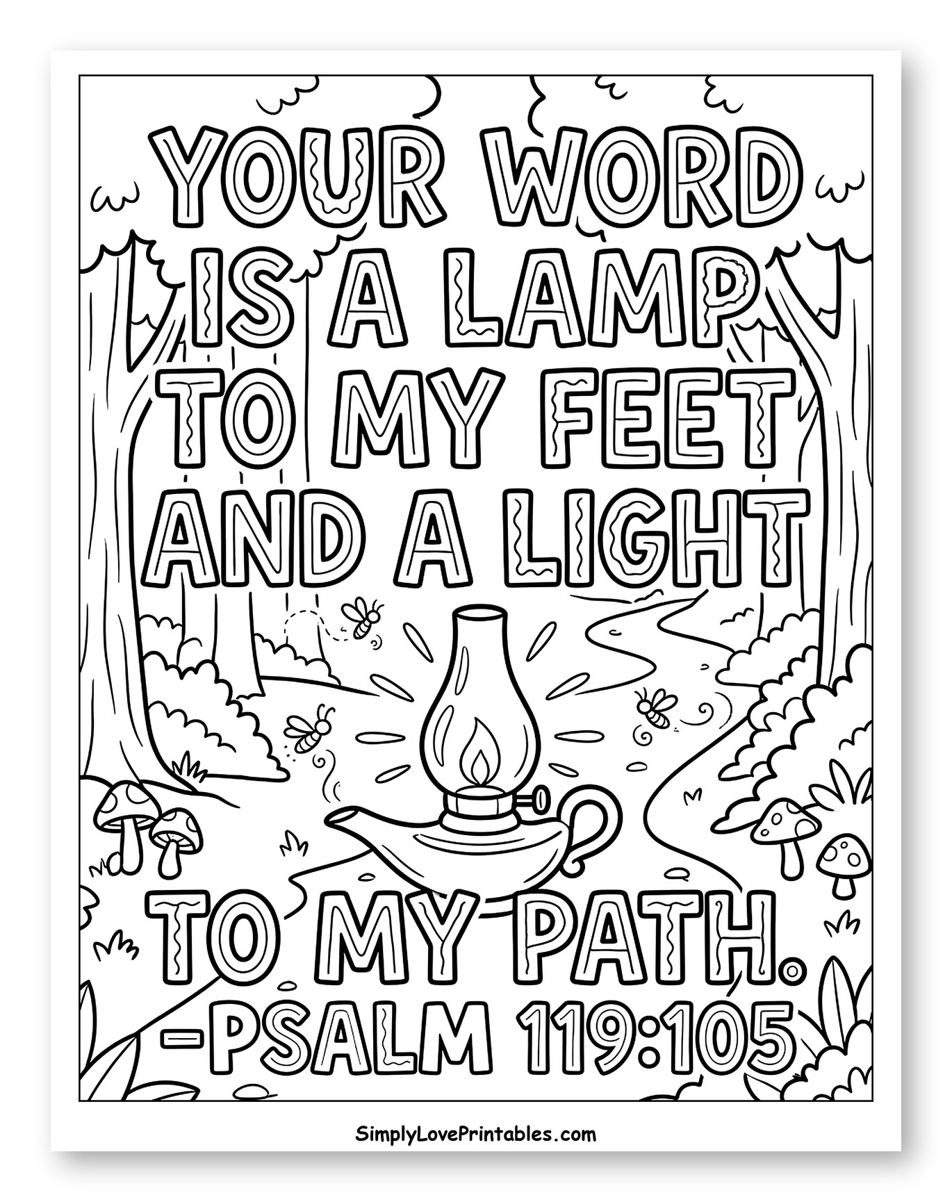 Bible Verse Lamp in a Forest Path Coloring Sheet for Kids