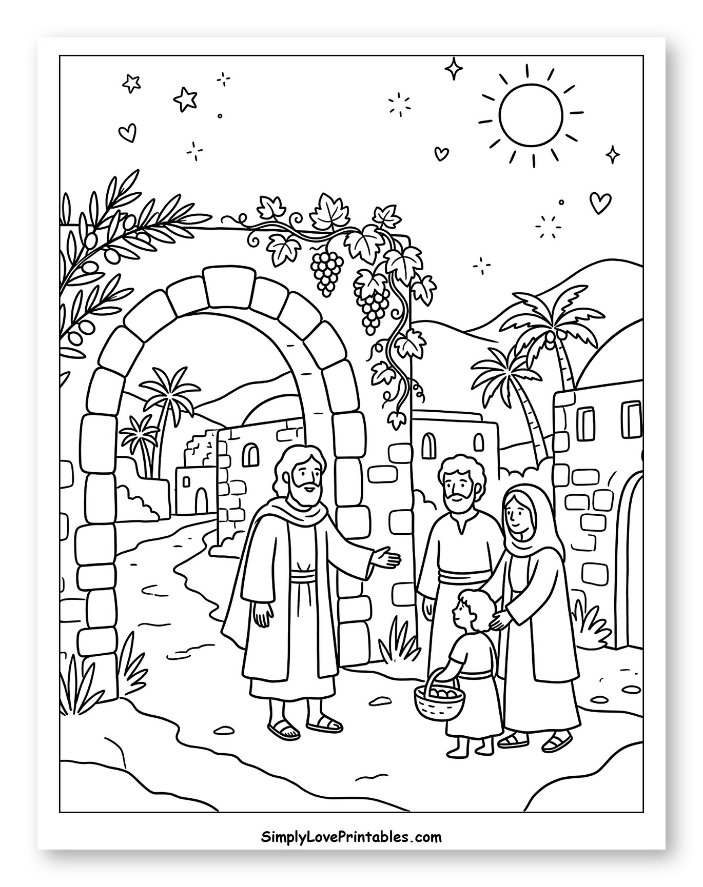Biblical Figure Greeting a Family in Village