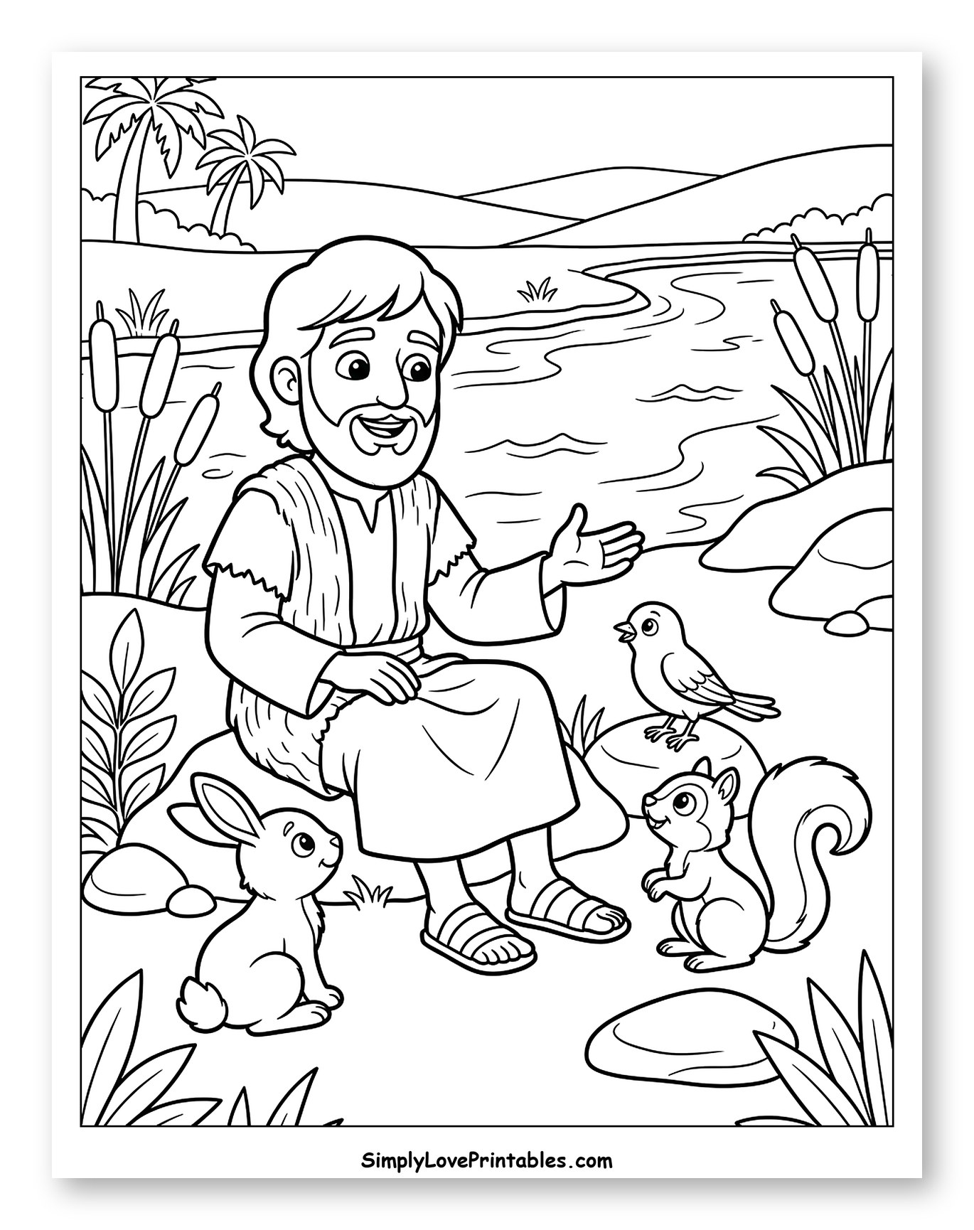 Biblical Figure Talking with Animals by River Coloring Sheet for Kids