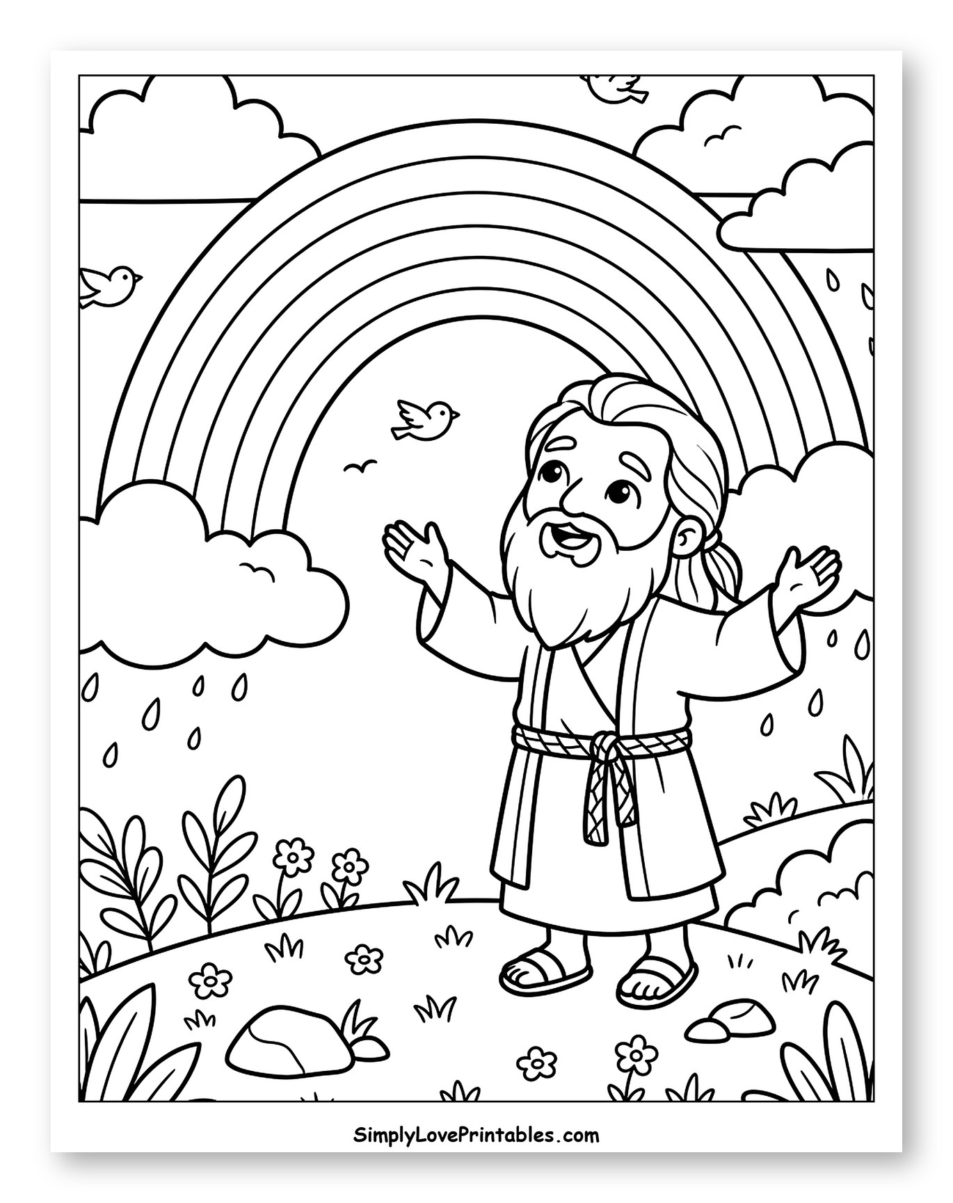 Biblical Figure with Rainbow and Birds