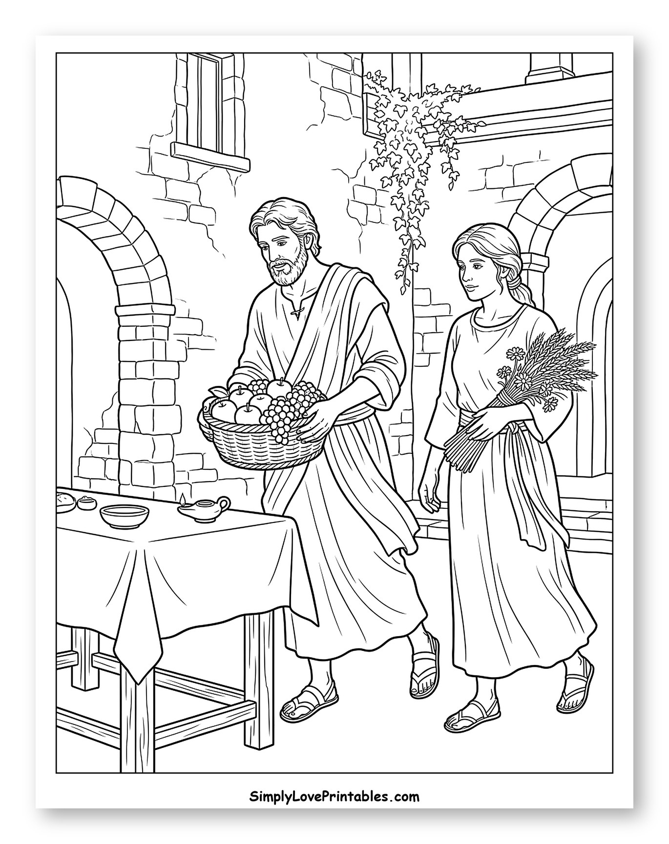 Biblical Figures Preparing a Meal Together Coloring Sheet