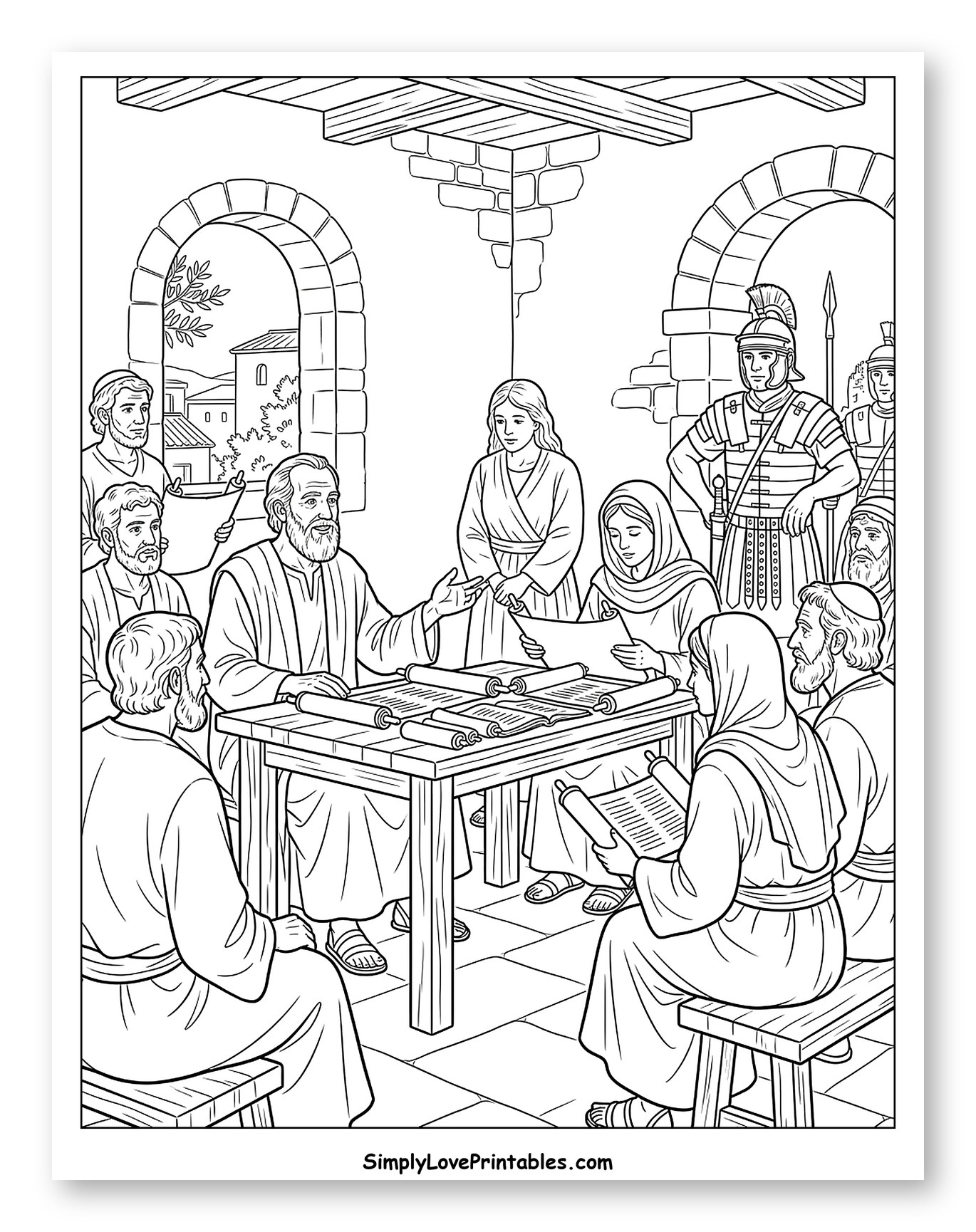 Biblical Group Studying Scrolls with Roman Soldiers