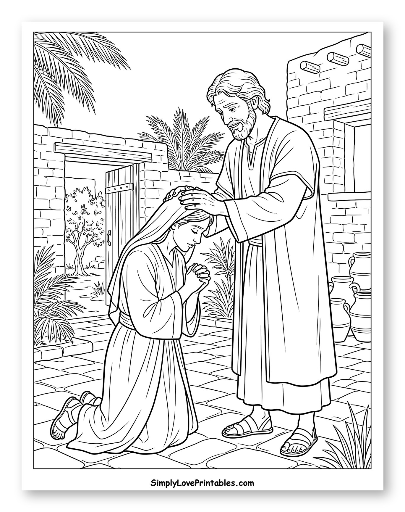 Biblical Man Blessing Kneeling Woman Outdoors Coloring Page