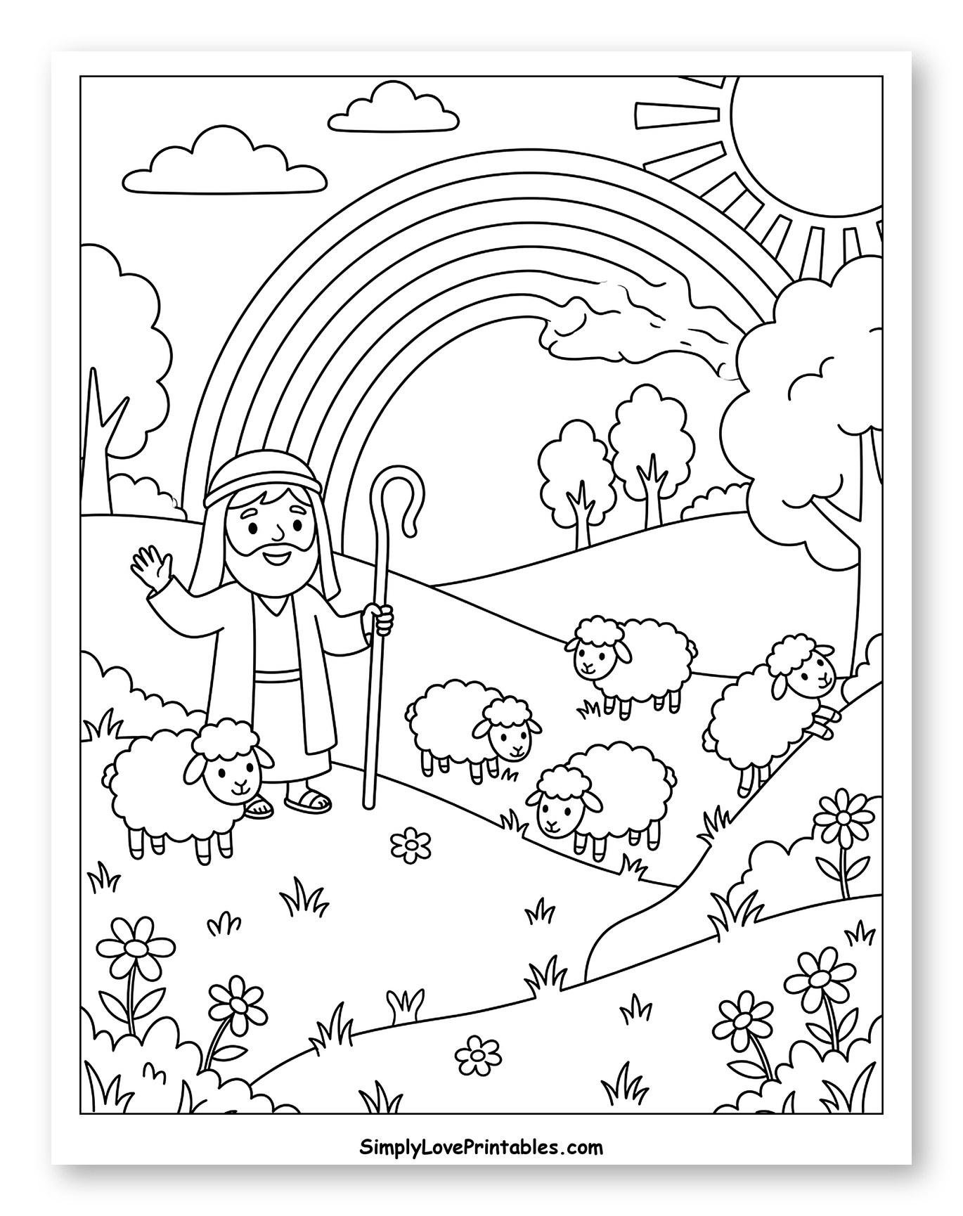 Biblical Shepherd with Sheep and Rainbow Sky Coloring Sheet for Kids