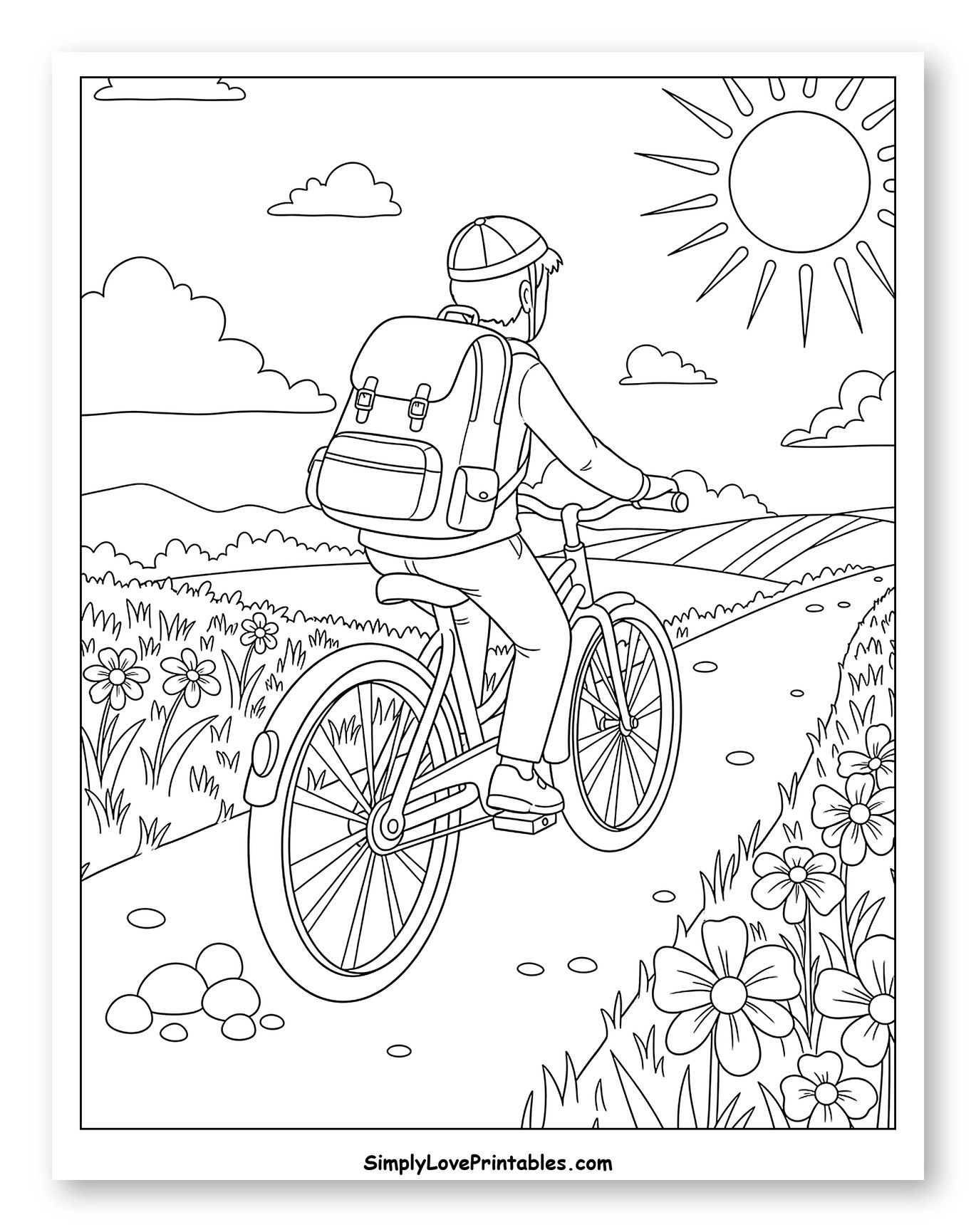 Bicyclist with Backpack on a Country Road Coloring Page for Kids