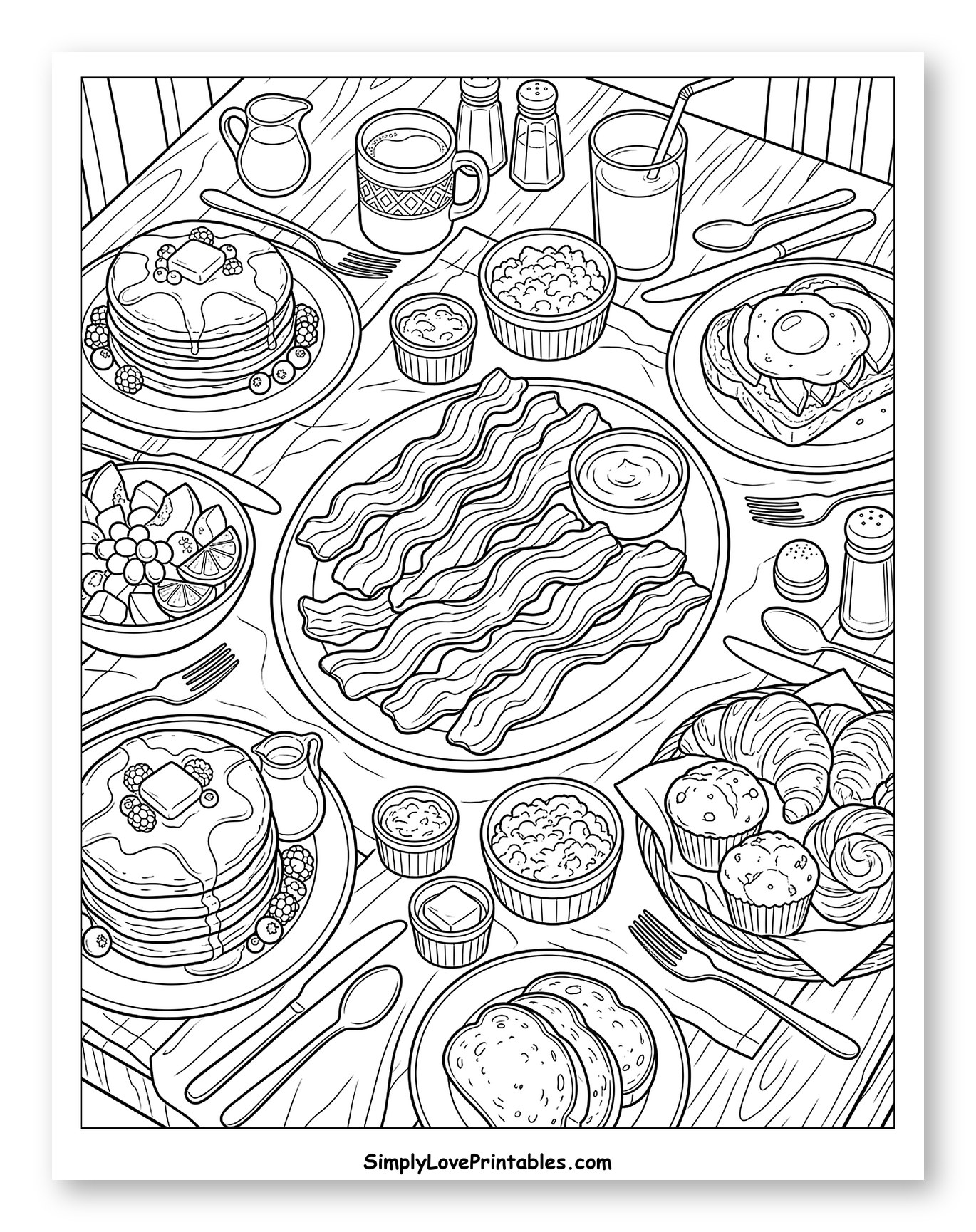 Big Breakfast Feast on a Wooden Table Coloring Sheet