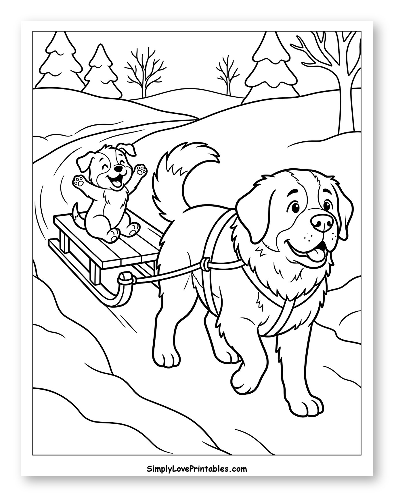 Big Dog Pulling Little Puppy on Sled