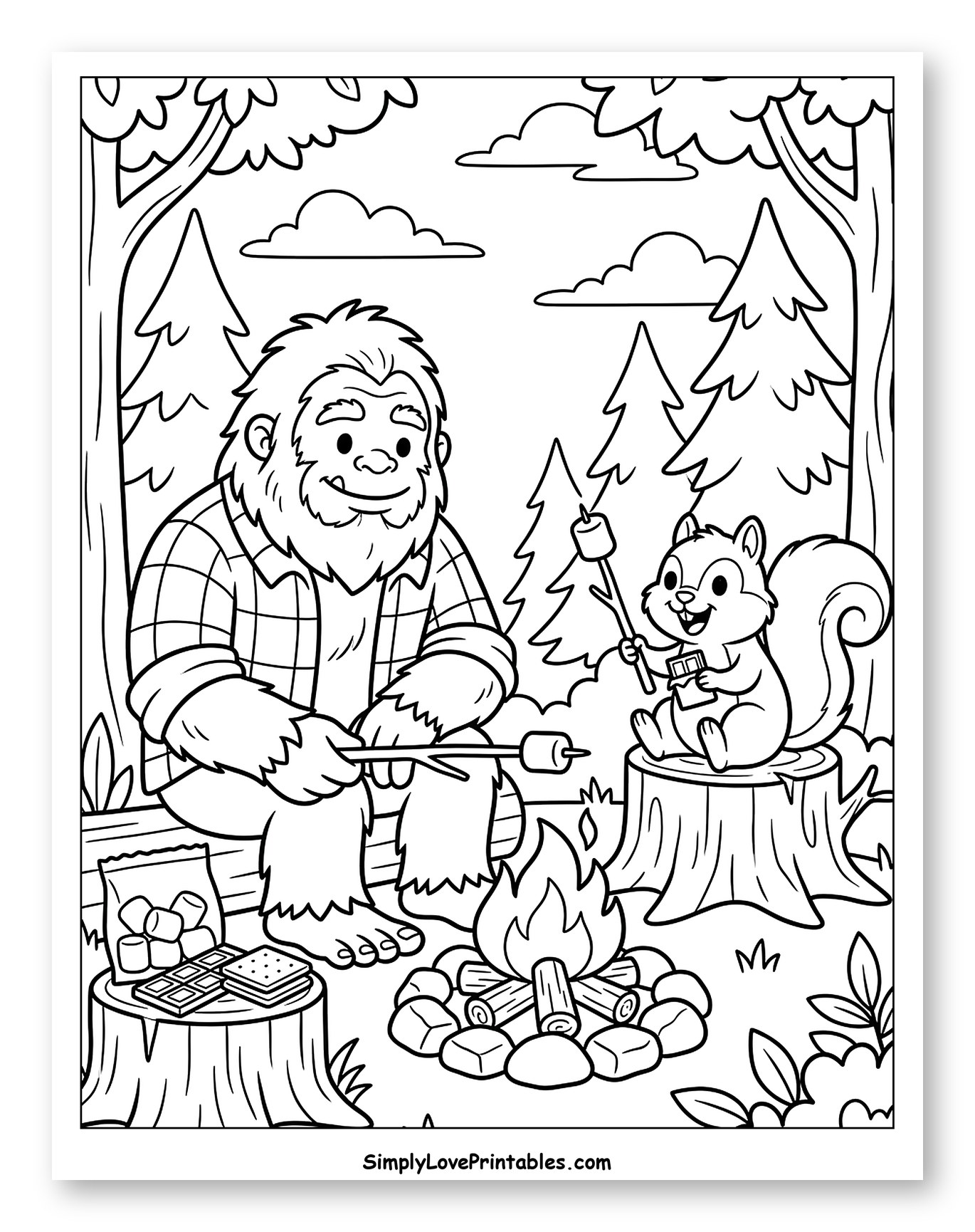 Bigfoot and Squirrel Roasting S'mores by Campfire Coloring Sheet for Kids