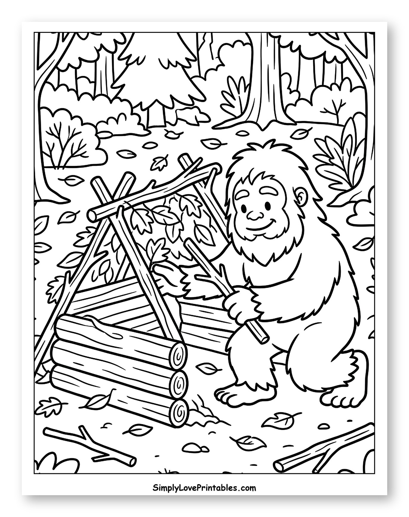 Bigfoot Building a Lean-To Shelter in Forest