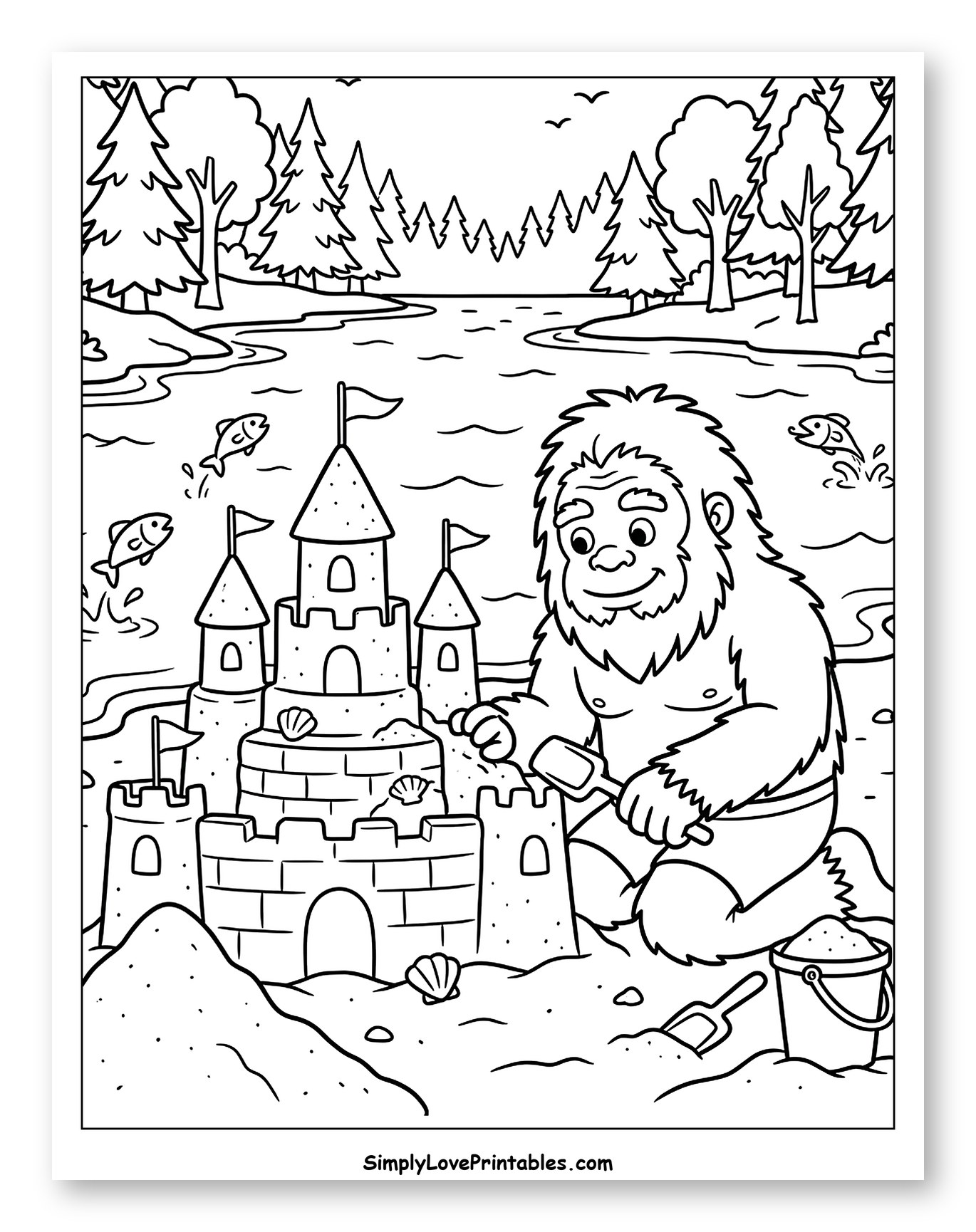 Bigfoot Building Sandcastle by the Lake
