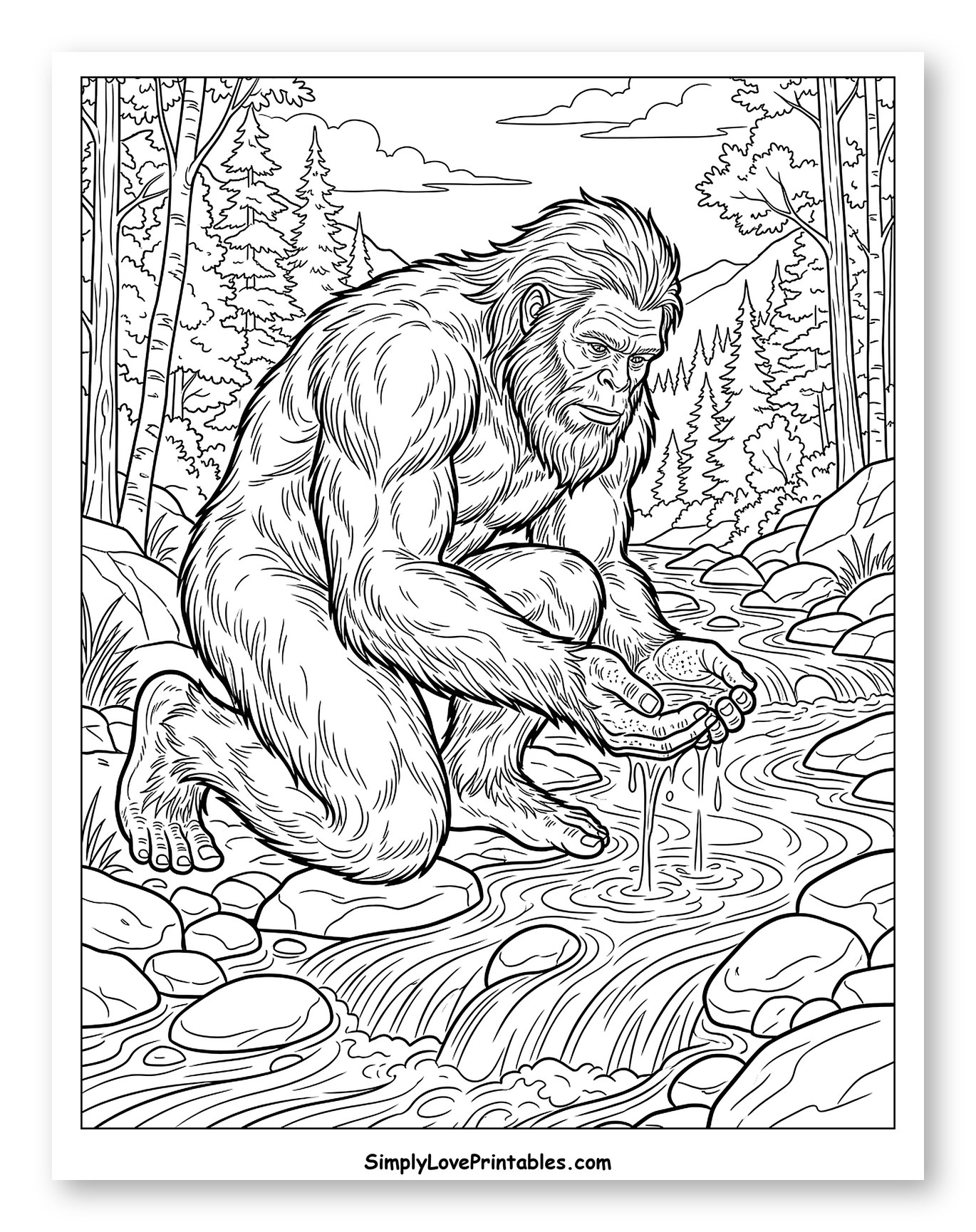 Bigfoot Drinking Water from a Mountain Stream to Color