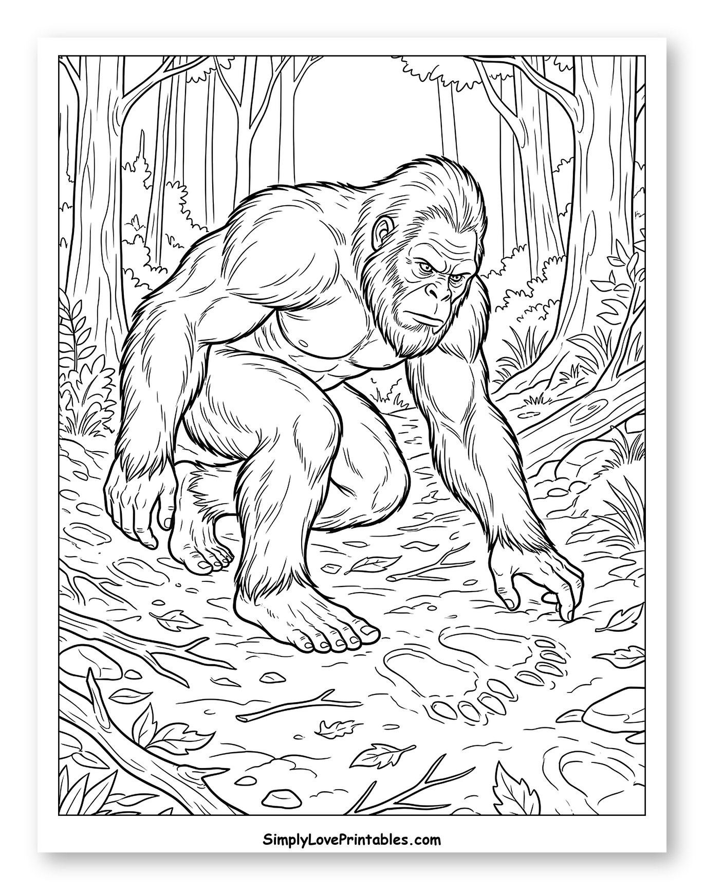 Bigfoot Examining a Footprint in the Woods to Color