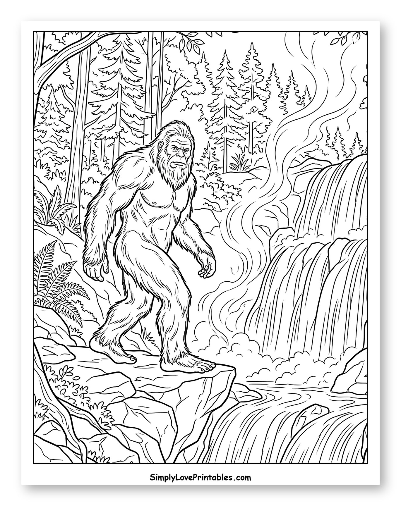 Bigfoot Exploring a Forest Waterfall Coloring Page